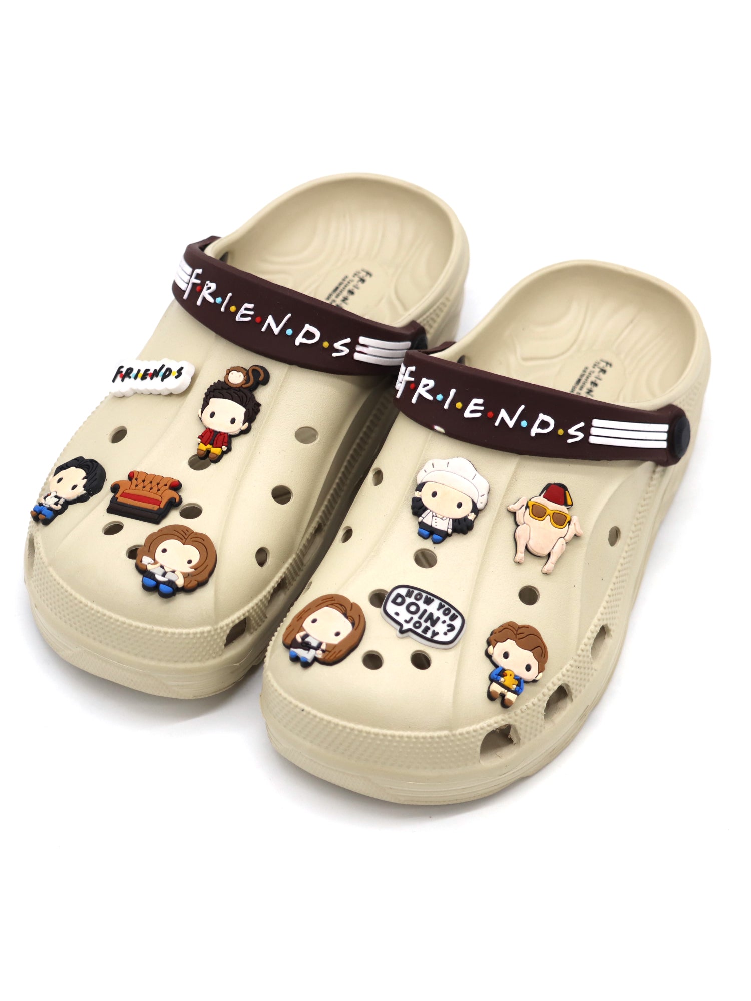 SVAAR x Friends Men's Stylish Clogs with Authentic Friends Charms and Adjustable Back Strap Beige