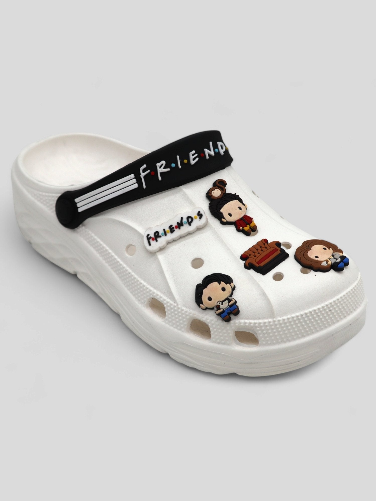 SVAAR x Friends Men's Stylish Clogs with Authentic Friends Charms and Adjustable Back Strap White