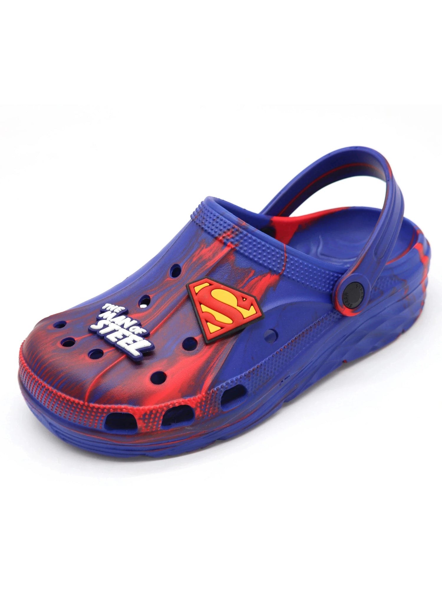 SVAAR x Superma Men's Marble-Effect Clogs – Includes Authentic Superman Charms & Adjustable Back Strap (Blue)