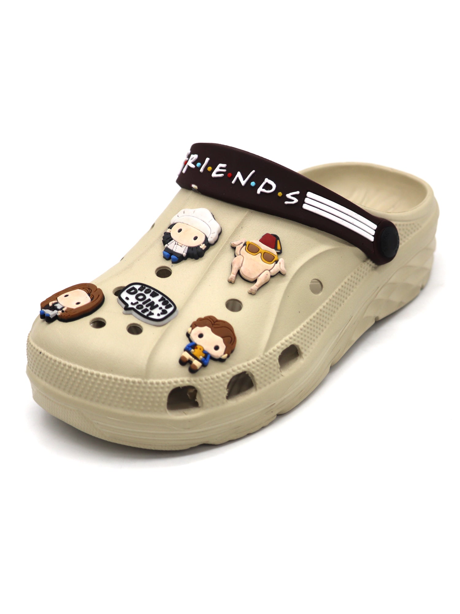 SVAAR x Friends Men's Stylish Clogs with Authentic Friends Charms and Adjustable Back Strap Beige