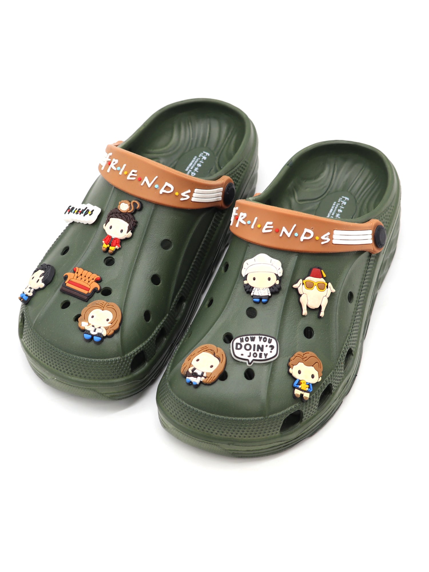 SVAAR x Friends Men's Stylish Clogs with Authentic Friends Charms and Adjustable Back Strap - Olive Green