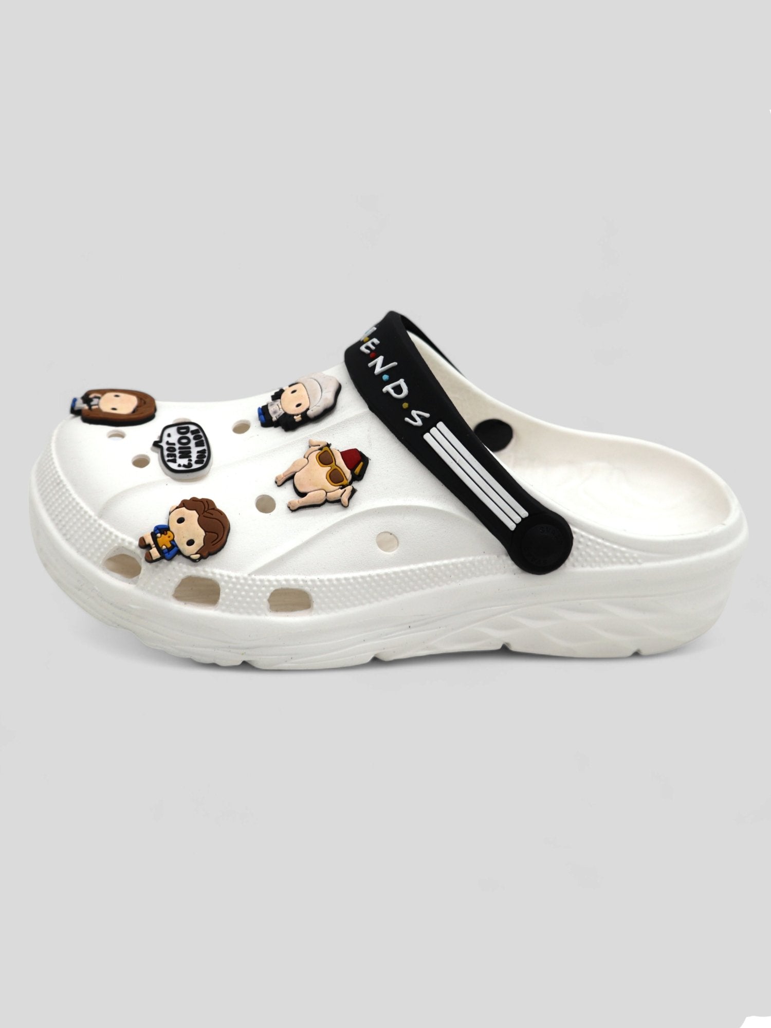 SVAAR x Friends Men's Stylish Clogs with Authentic Friends Charms and Adjustable Back Strap White