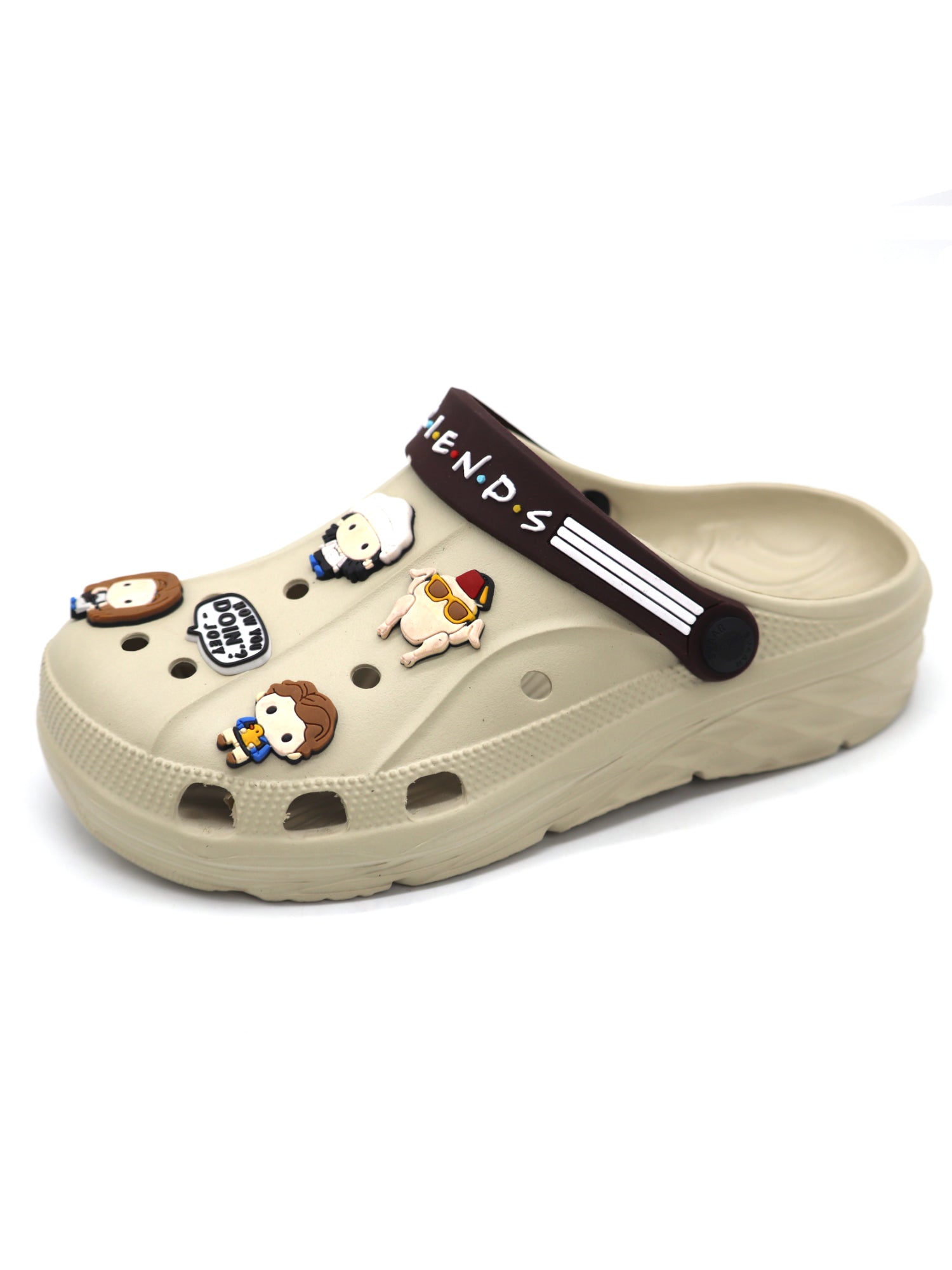 SVAAR x Friends Men's Stylish Clogs with Authentic Friends Charms and Adjustable Back Strap Beige