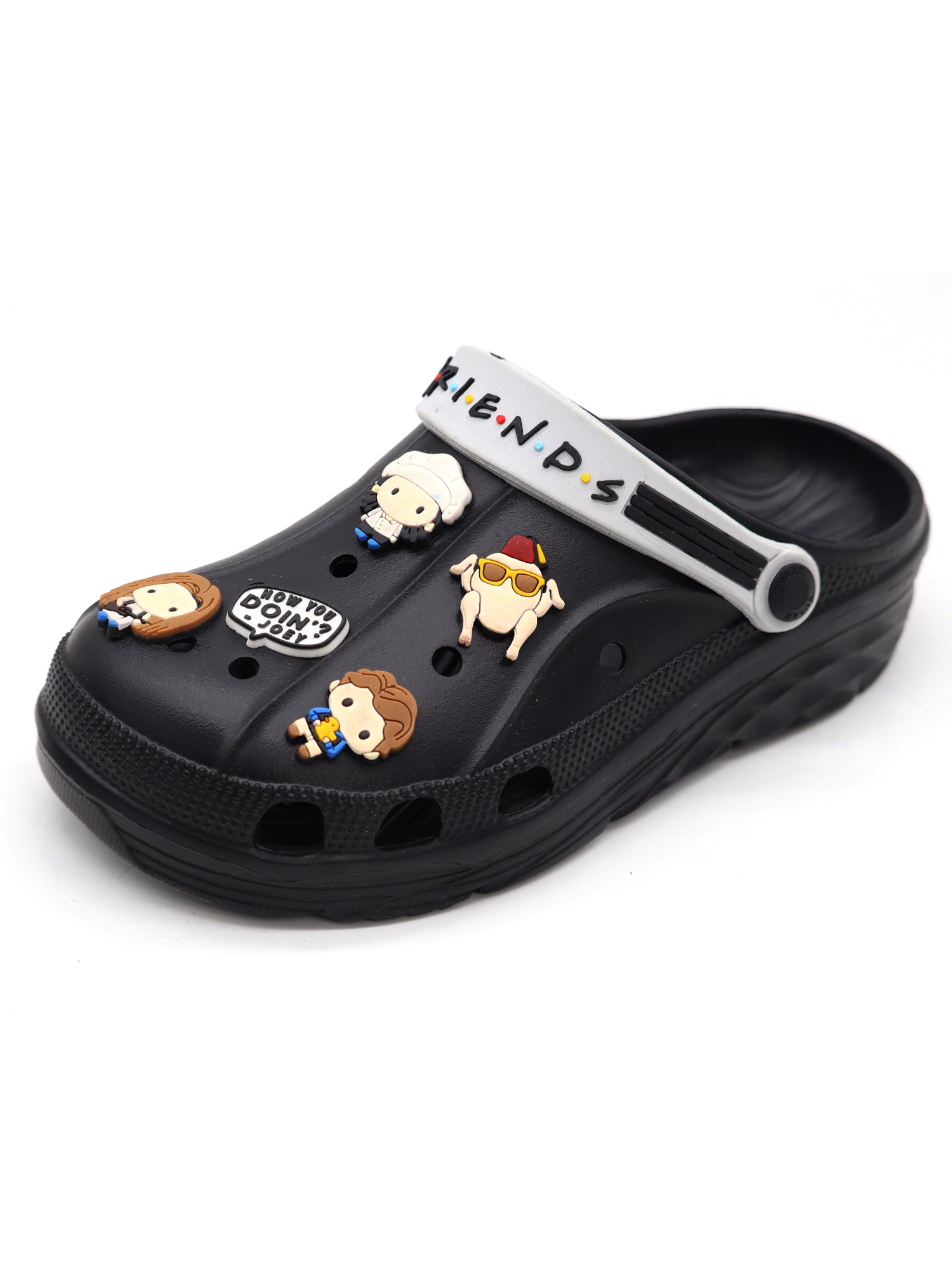 SVAAR x Friends Men's Stylish Clogs with Authentic Friends Charms and Adjustable Back Strap Black