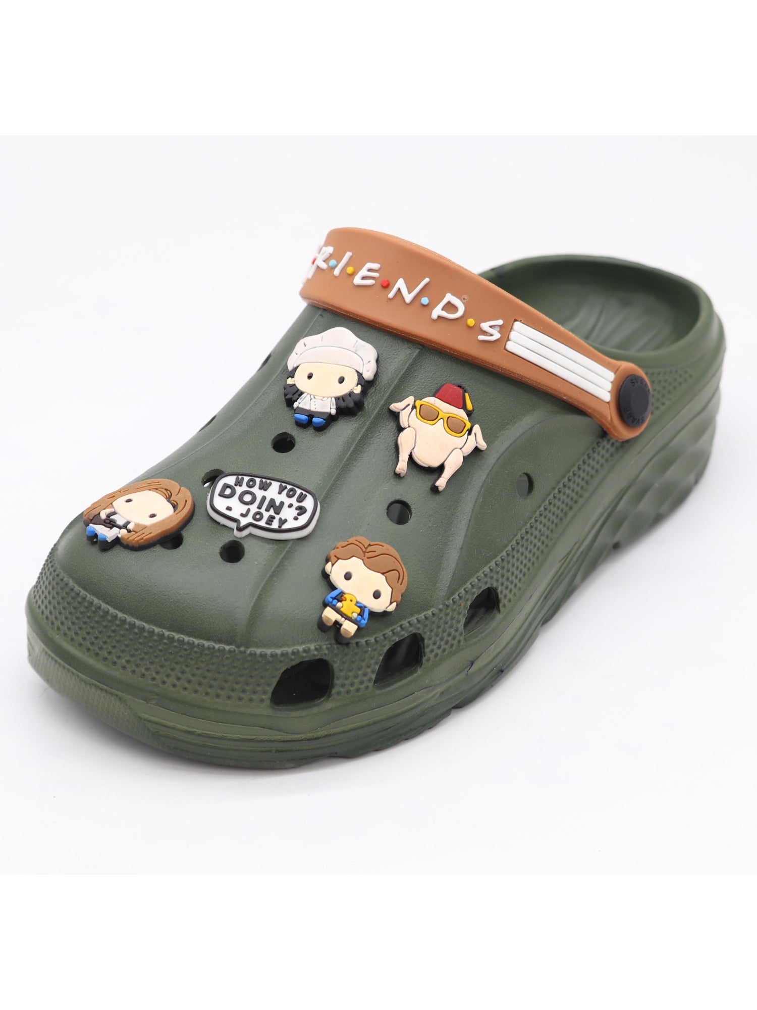 SVAAR x Friends Men's Stylish Clogs with Authentic Friends Charms and Adjustable Back Strap - Olive Green