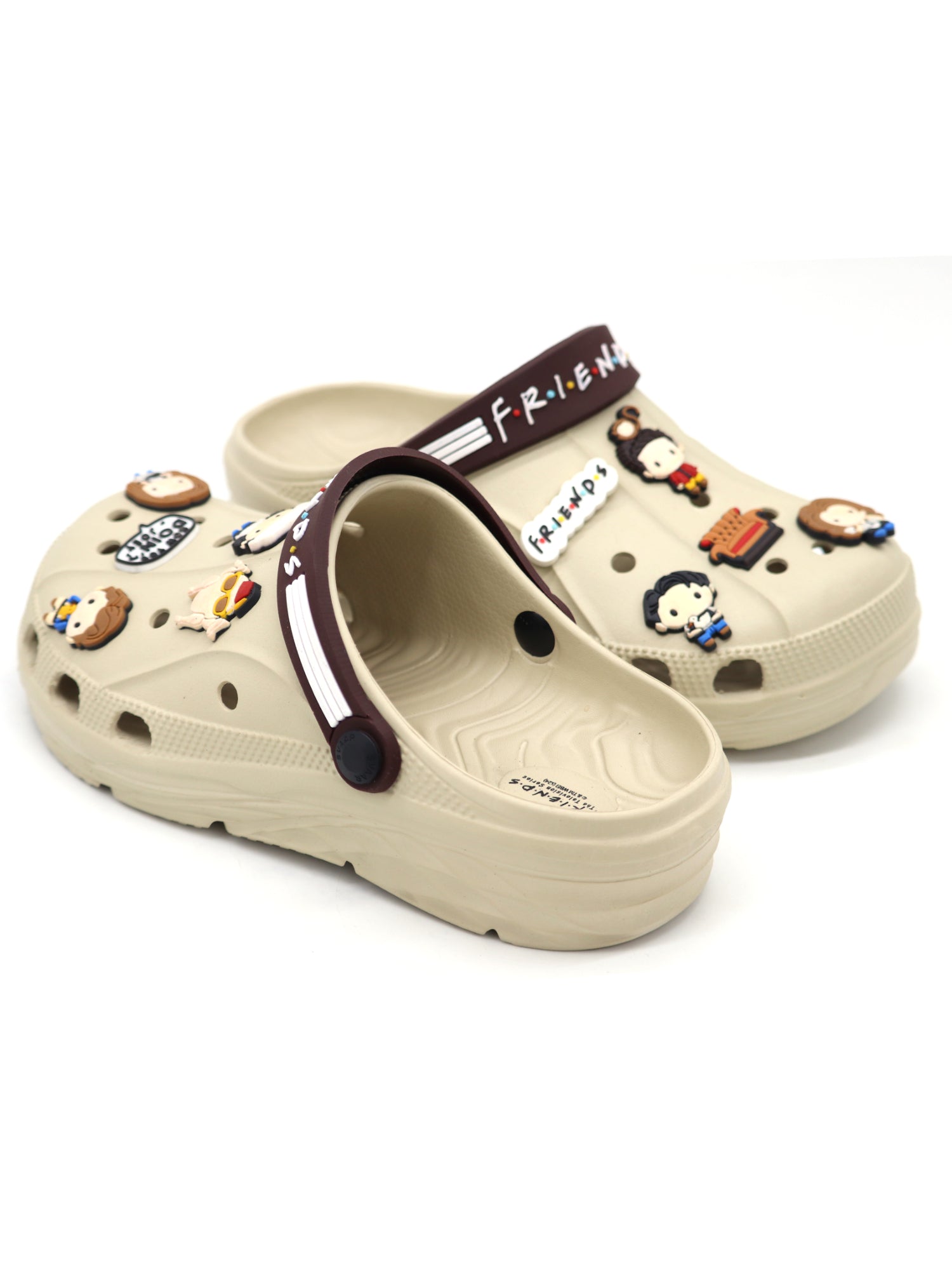SVAAR x Friends Men's Stylish Clogs with Authentic Friends Charms and Adjustable Back Strap Beige