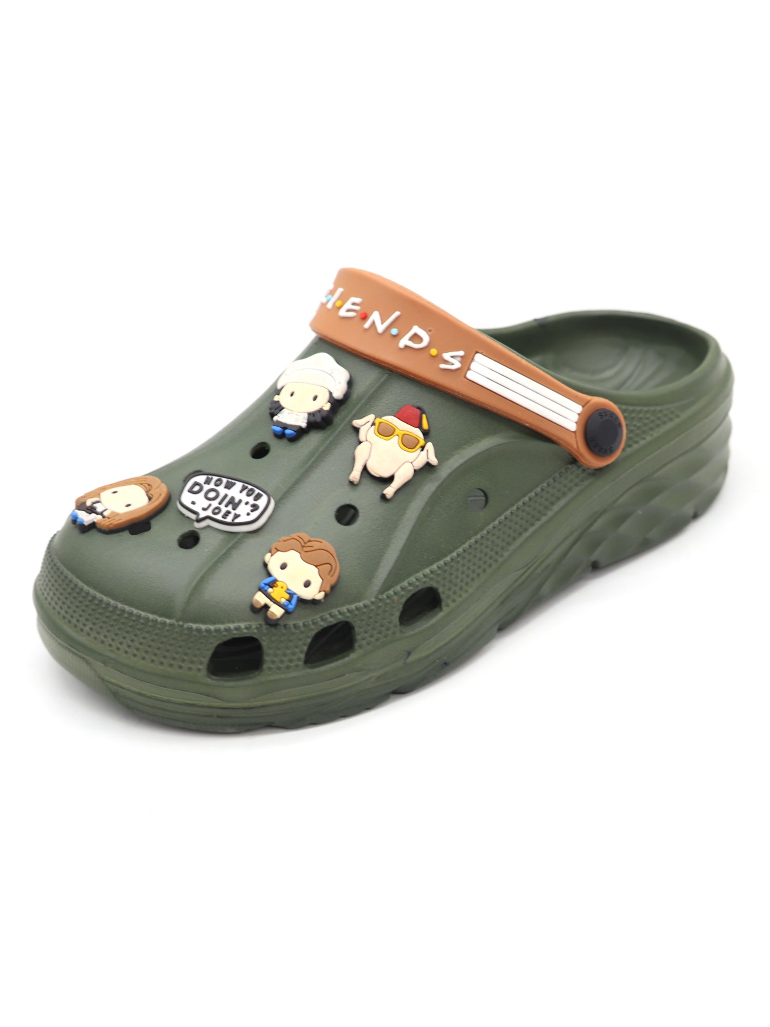SVAAR x Friends Men's Stylish Clogs with Authentic Friends Charms and Adjustable Back Strap - Olive Green