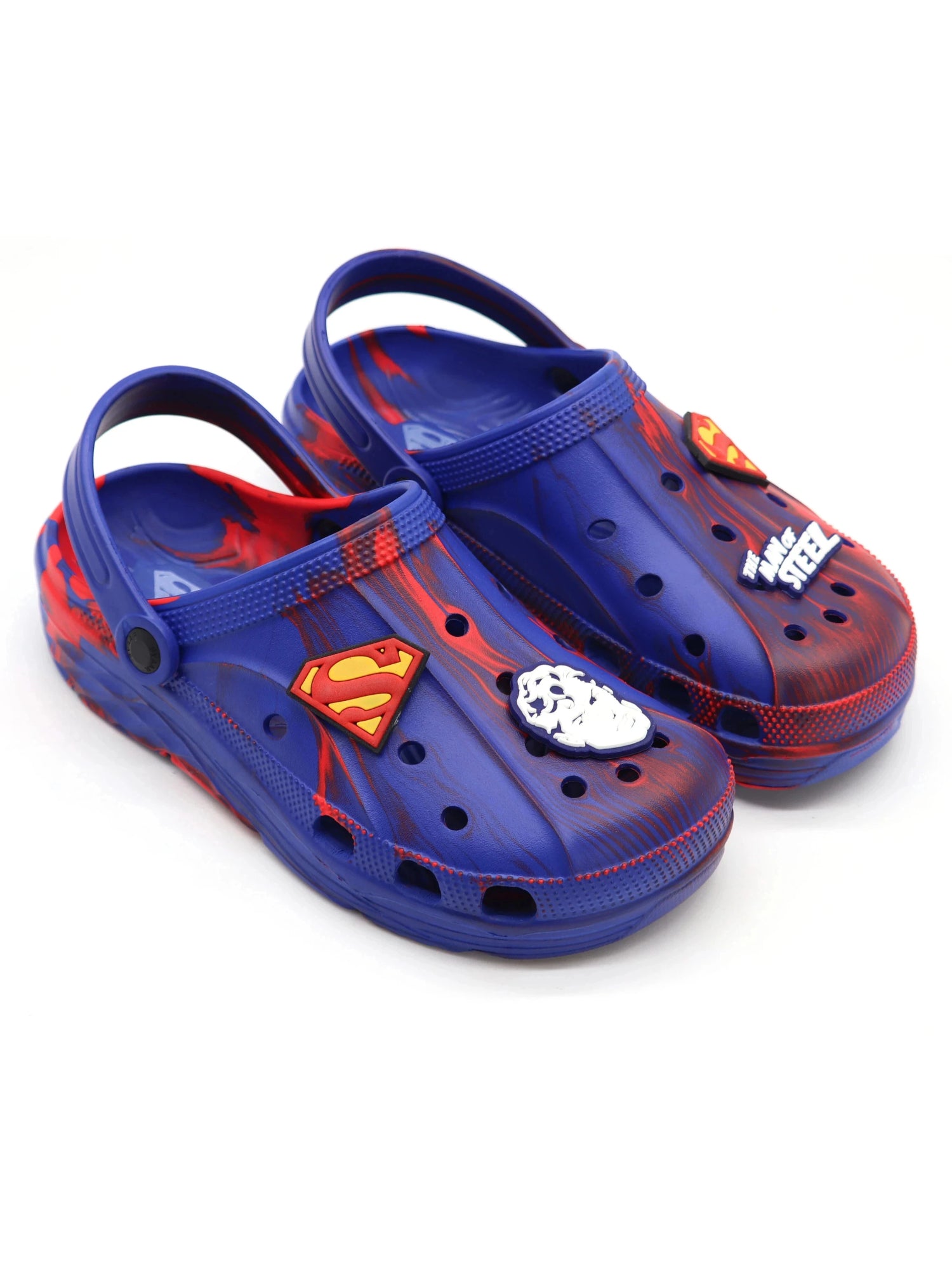 SVAAR x Superma Men's Marble-Effect Clogs – Includes Authentic Superman Charms & Adjustable Back Strap (Blue)