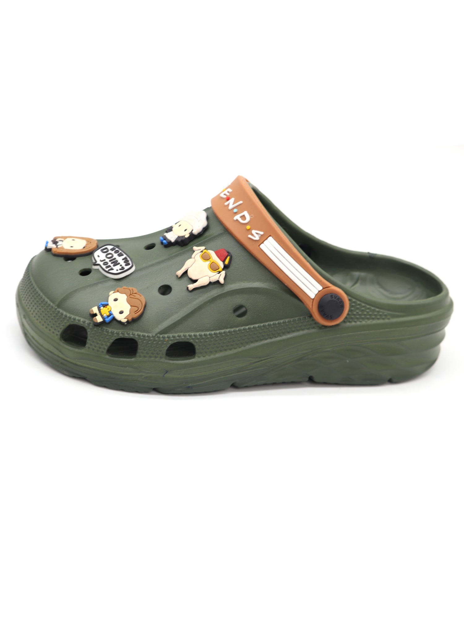 SVAAR x Friends Men's Stylish Clogs with Authentic Friends Charms and Adjustable Back Strap - Olive Green