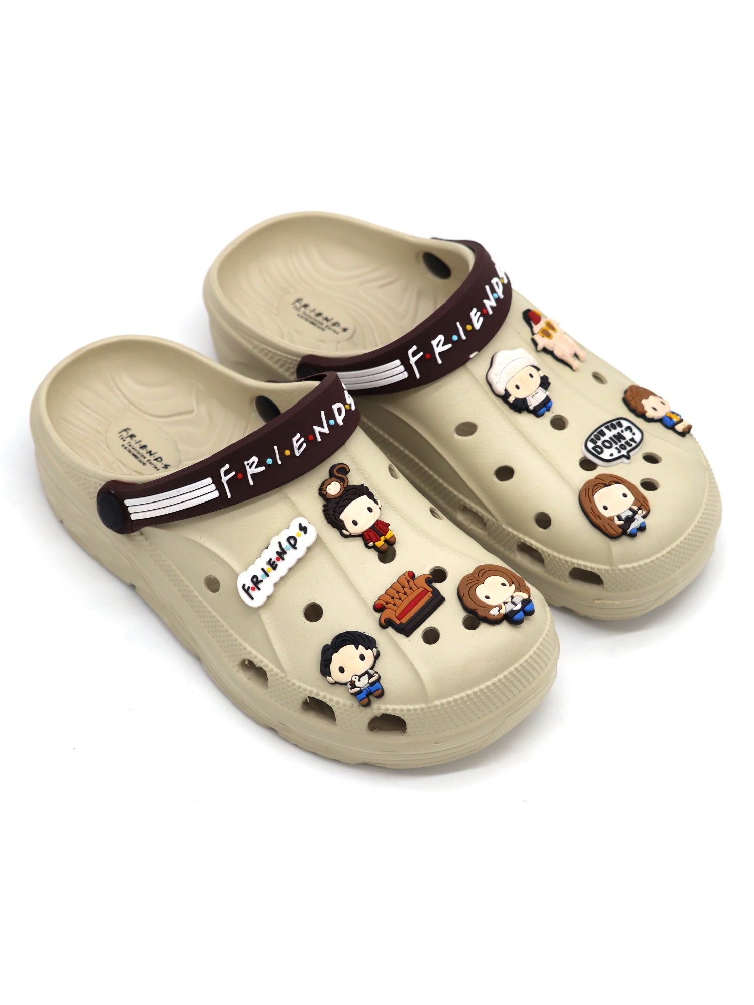 SVAAR x Friends Men's Stylish Clogs with Authentic Friends Charms and Adjustable Back Strap Beige