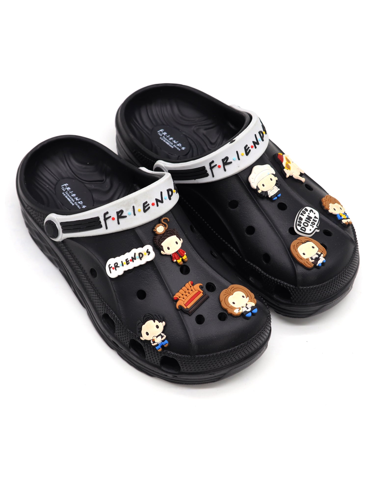 SVAAR x Friends Men's Stylish Clogs with Authentic Friends Charms and Adjustable Back Strap Black