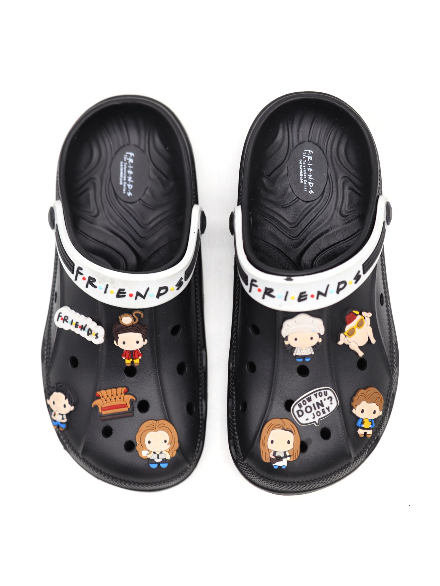 SVAAR x Friends Men's Stylish Clogs with Authentic Friends Charms and Adjustable Back Strap Black