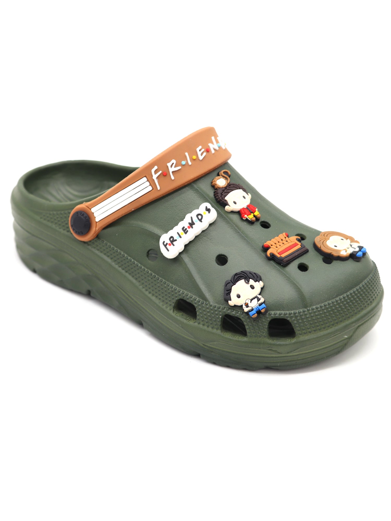 SVAAR x Friends Men's Stylish Clogs with Authentic Friends Charms and Adjustable Back Strap - Olive Green