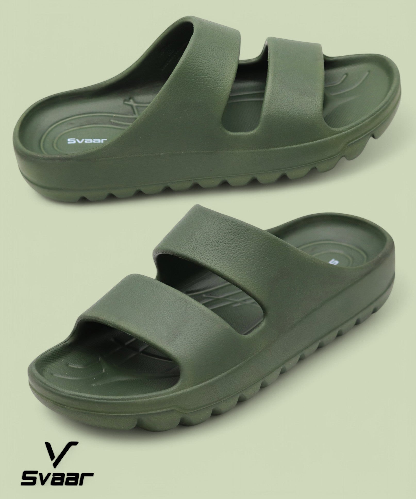 SVAAR Soft EVA Double Strap Slippers for Men | Stylish Anti-Skid Slides with Arch Support & Bouncy Sole | Lightweight Indoor Outdoor Comfort-Olive