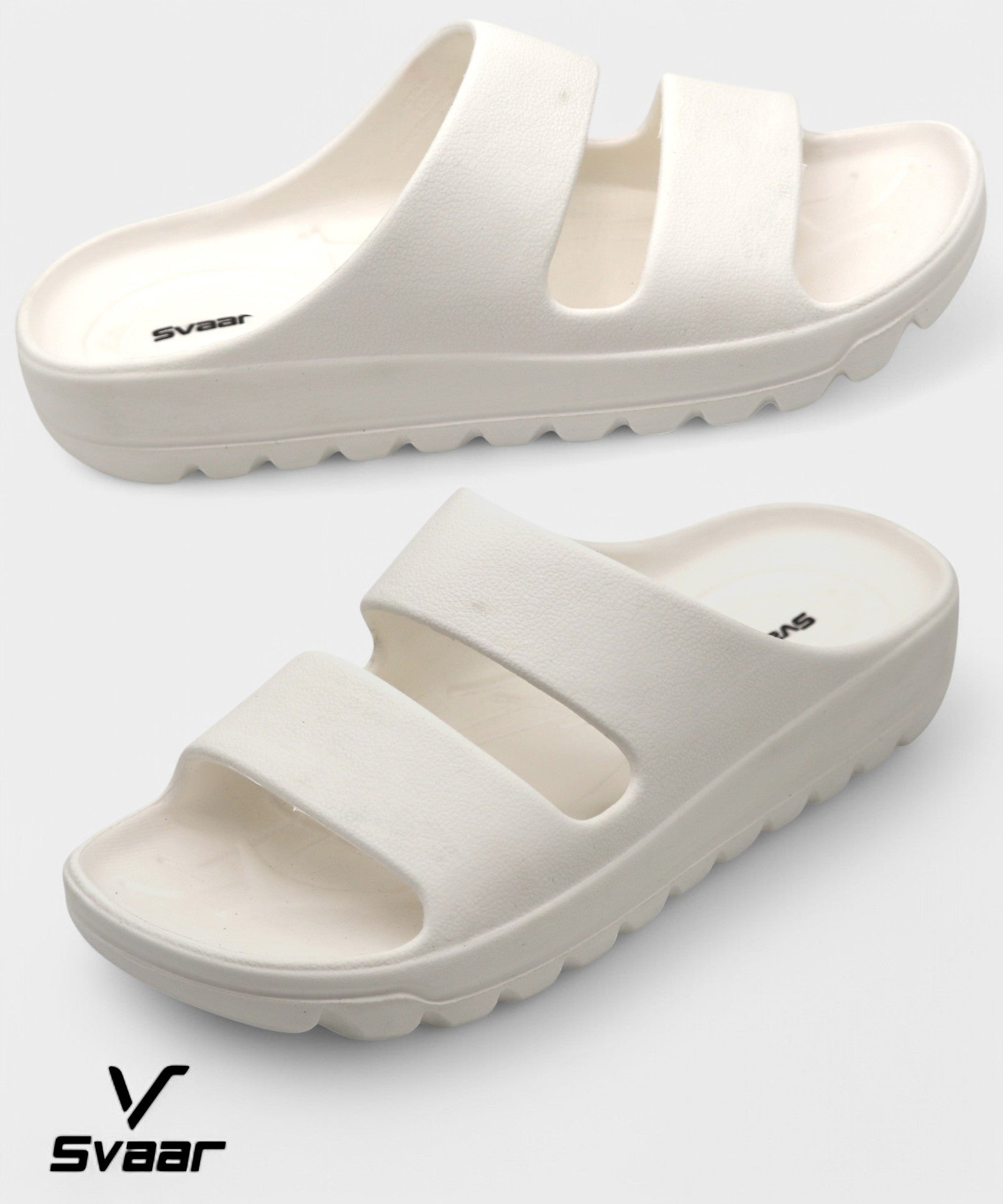 SVAAR Soft EVA Double Strap Slippers for Men | Stylish Anti-Skid Slides with Arch Support & Bouncy Sole | Lightweight Indoor Outdoor Comfort-White