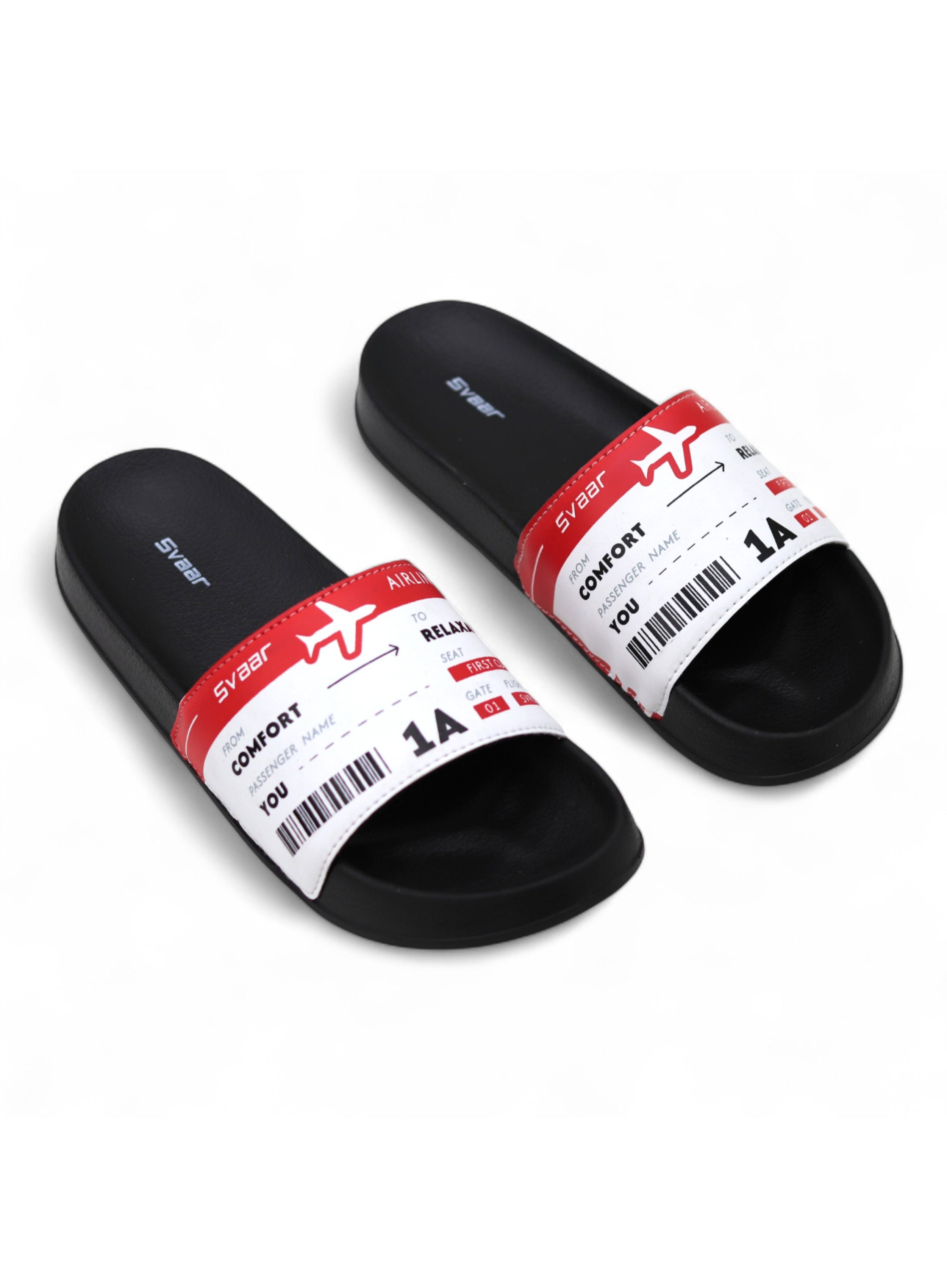 SVAAR Men's Boarding Pass Theme Ultra Soft Slides/Slippers with Cushioned Footbed | Comfortable & Lightweight | Stylish & Anti-Skid | Waterproof & Everyday Flip Flops for Gents/Boys -Red