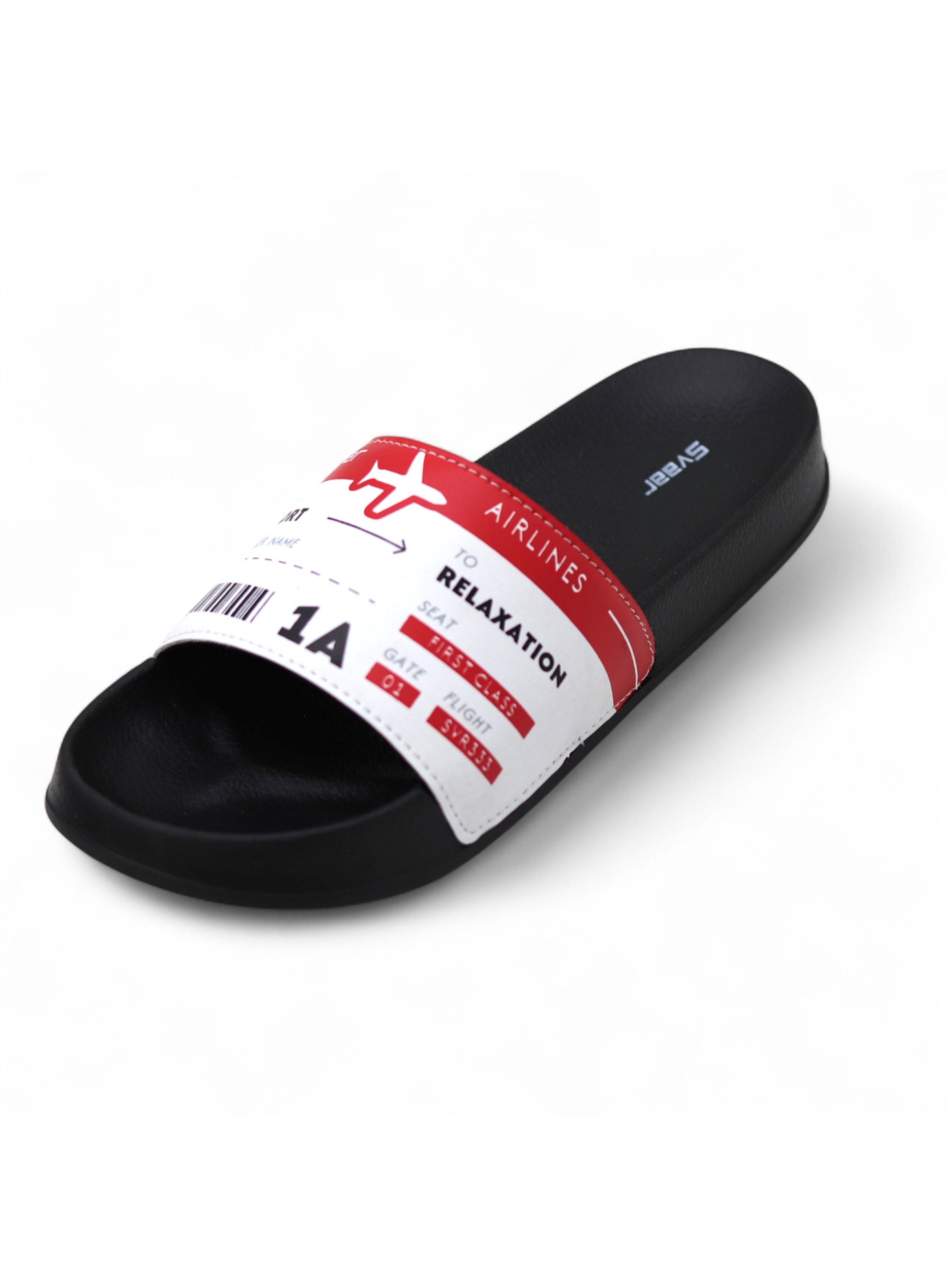 SVAAR Men's Boarding Pass Theme Ultra Soft Slides/Slippers with Cushioned Footbed | Comfortable & Lightweight | Stylish & Anti-Skid | Waterproof & Everyday Flip Flops for Gents/Boys -Red