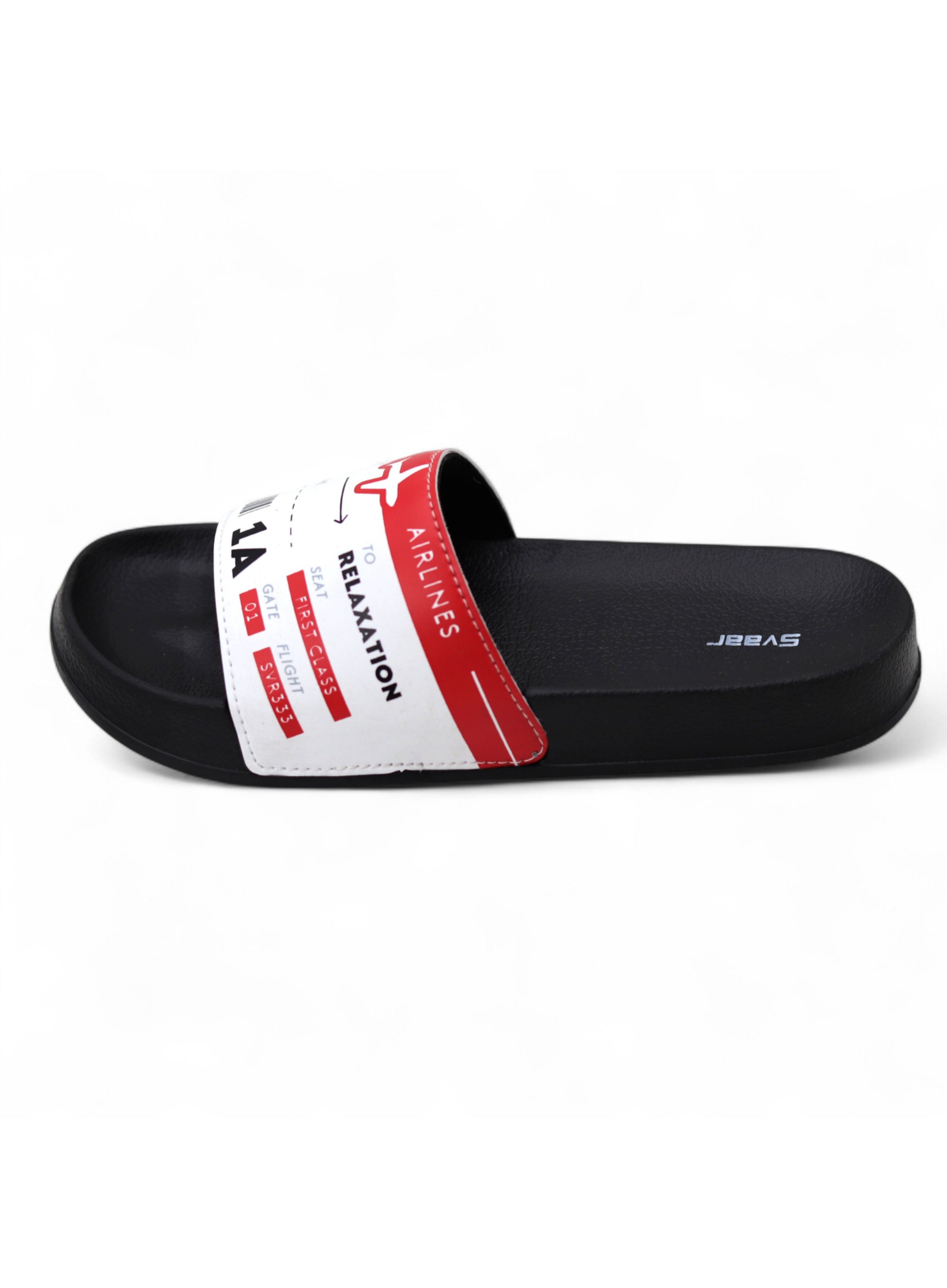 SVAAR Men's Boarding Pass Theme Ultra Soft Slides/Slippers with Cushioned Footbed | Comfortable & Lightweight | Stylish & Anti-Skid | Waterproof & Everyday Flip Flops for Gents/Boys -Red