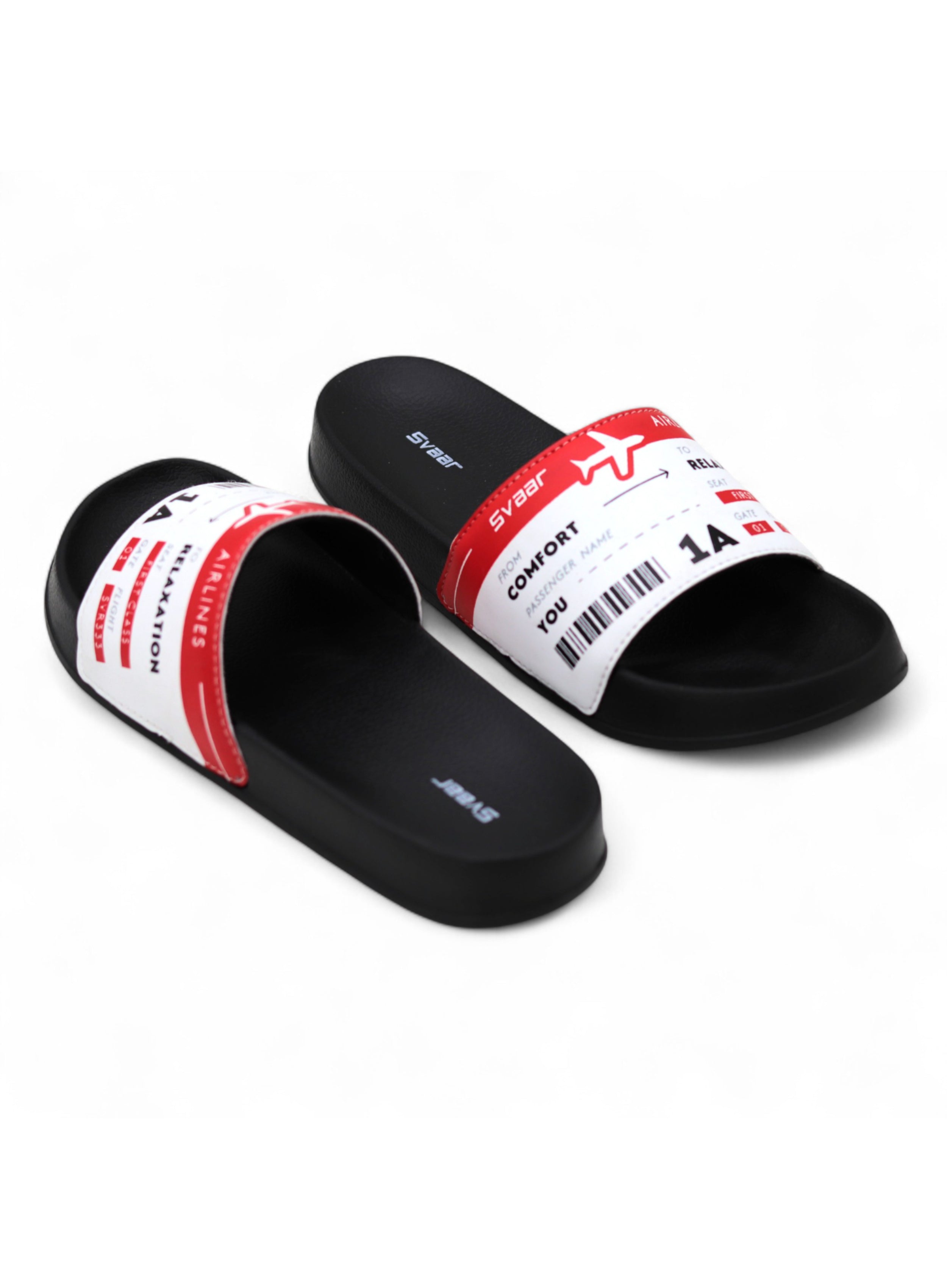 SVAAR Men's Boarding Pass Theme Ultra Soft Slides/Slippers with Cushioned Footbed | Comfortable & Lightweight | Stylish & Anti-Skid | Waterproof & Everyday Flip Flops for Gents/Boys -Red