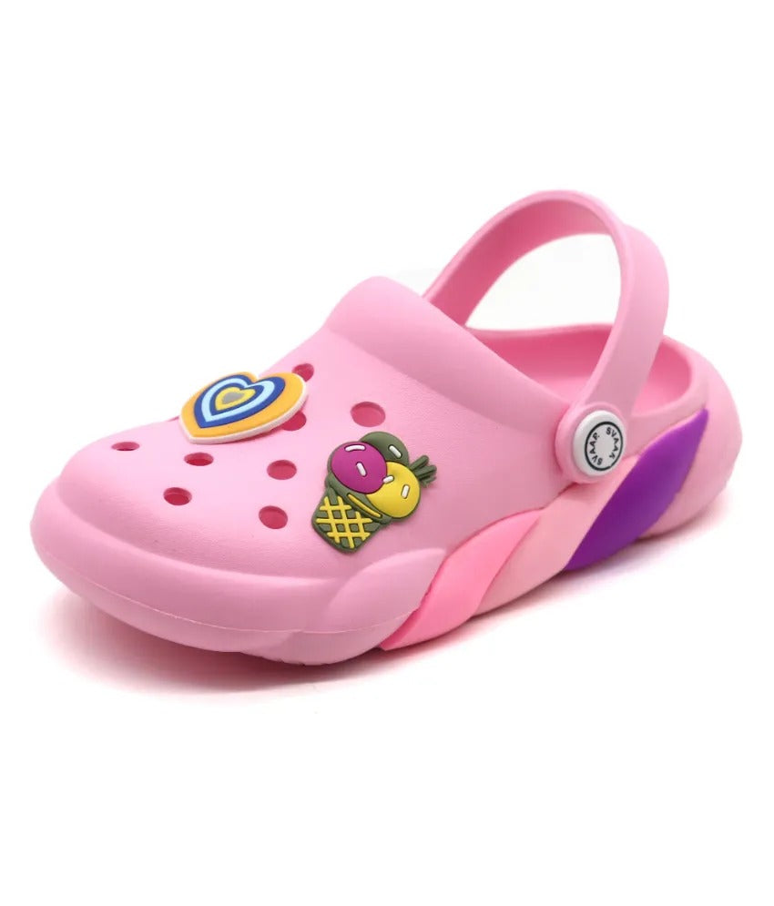 SVAAR Slingback Clog Shoes for Boys & Girls || Indoor & Outdoor Sandals Clogs for Kids with 4 Cartoon Charm-Pink