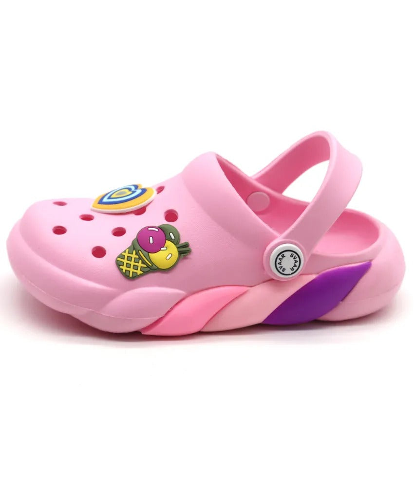 SVAAR Slingback Clog Shoes for Boys & Girls || Indoor & Outdoor Sandals Clogs for Kids with 4 Cartoon Charm-Pink