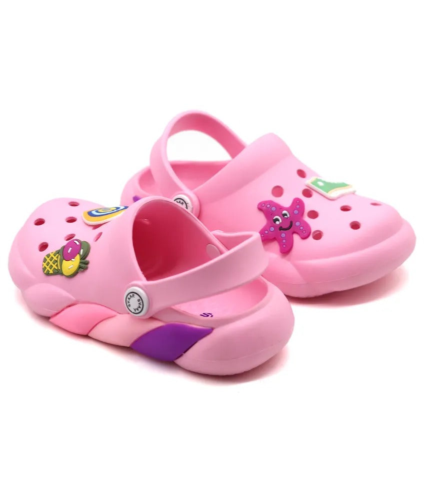 SVAAR Slingback Clog Shoes for Boys & Girls || Indoor & Outdoor Sandals Clogs for Kids with 4 Cartoon Charm-Pink