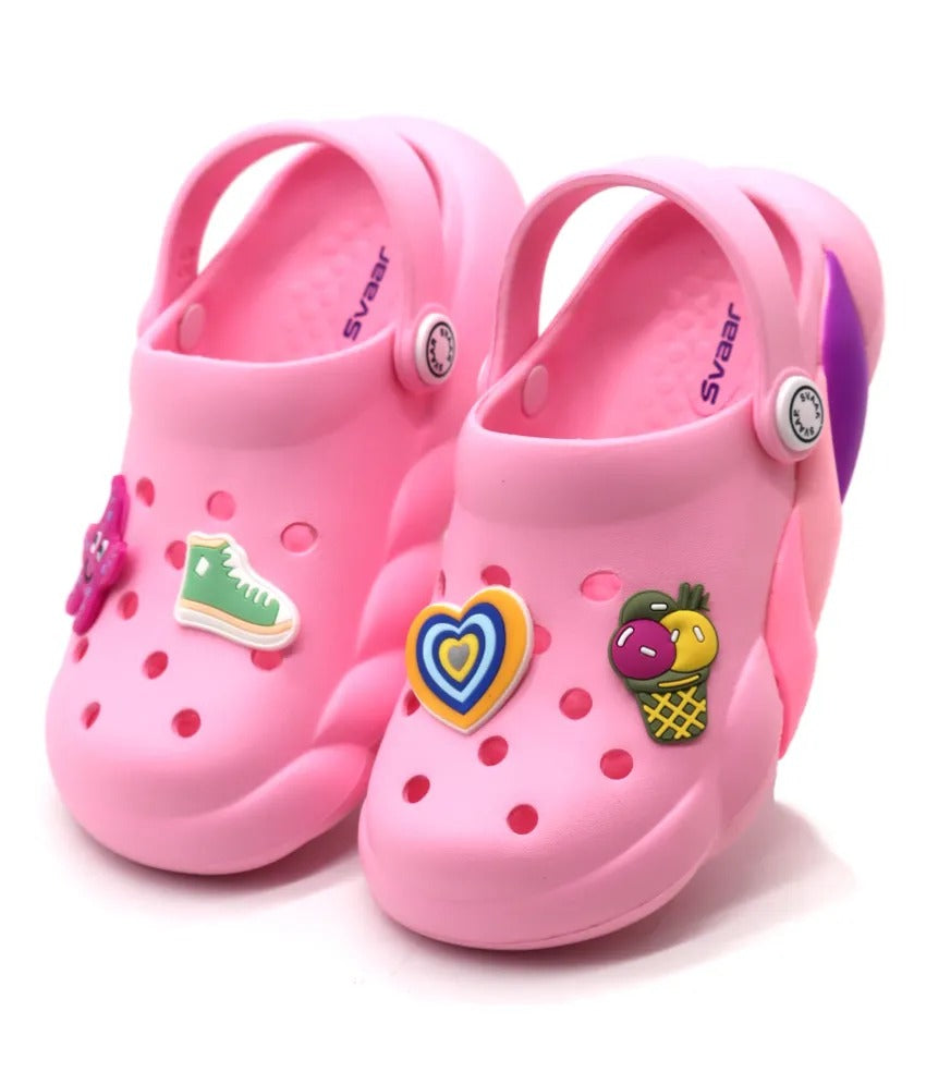 SVAAR Slingback Clog Shoes for Boys & Girls || Indoor & Outdoor Sandals Clogs for Kids with 4 Cartoon Charm-Pink
