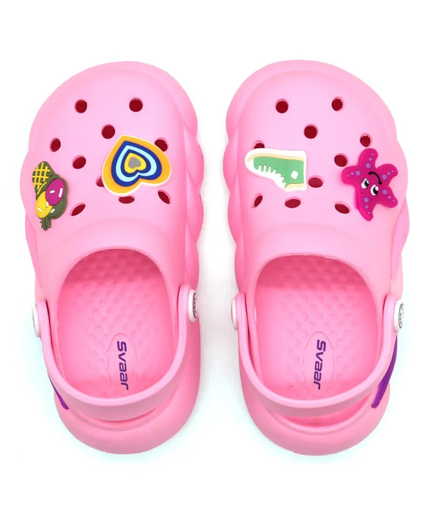 SVAAR Slingback Clog Shoes for Boys & Girls || Indoor & Outdoor Sandals Clogs for Kids with 4 Cartoon Charm-Pink