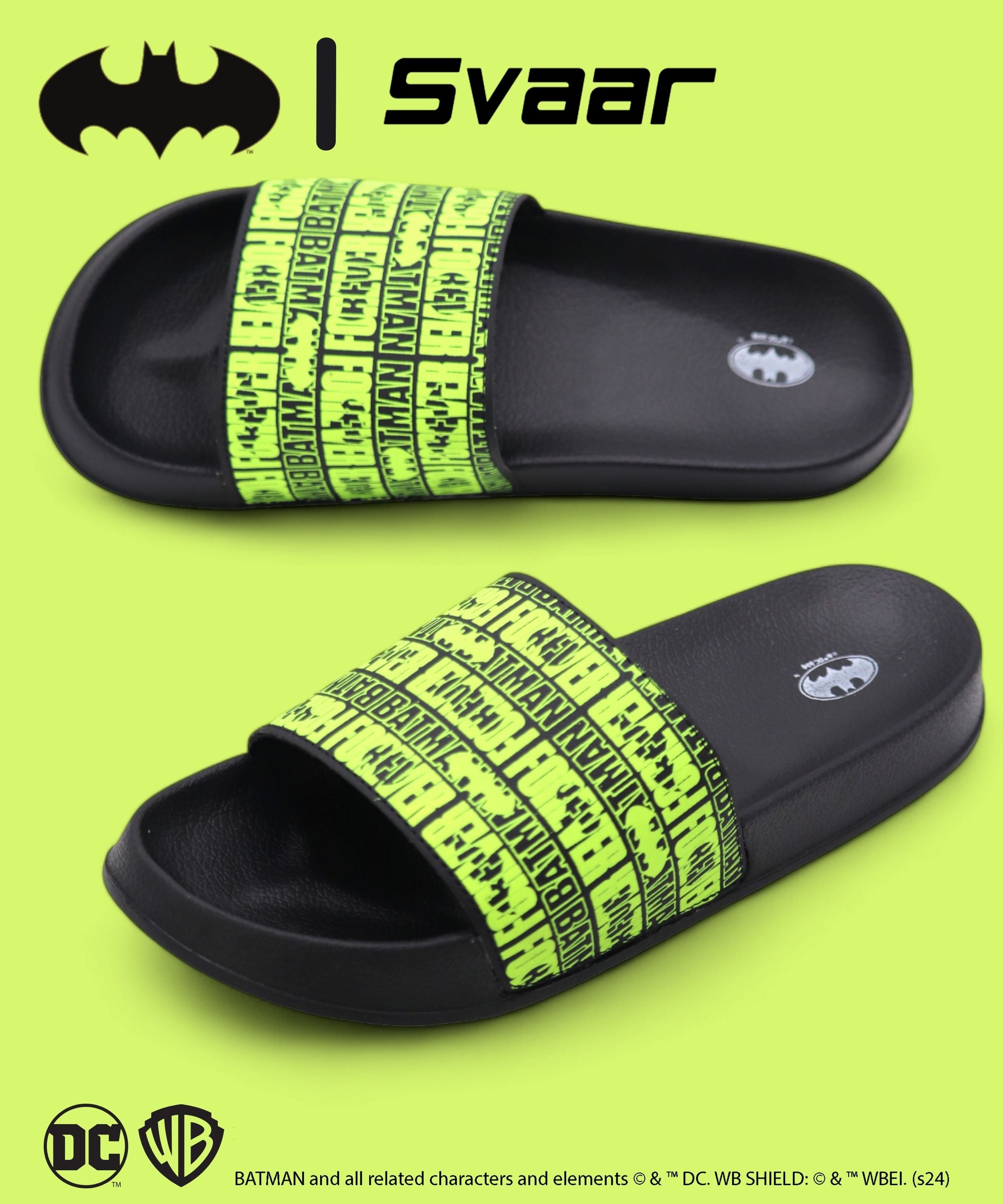 SVAAR Batman Forever Men's Ultra Soft Black Sliders – Cushioned & Waterproof Flip Flops