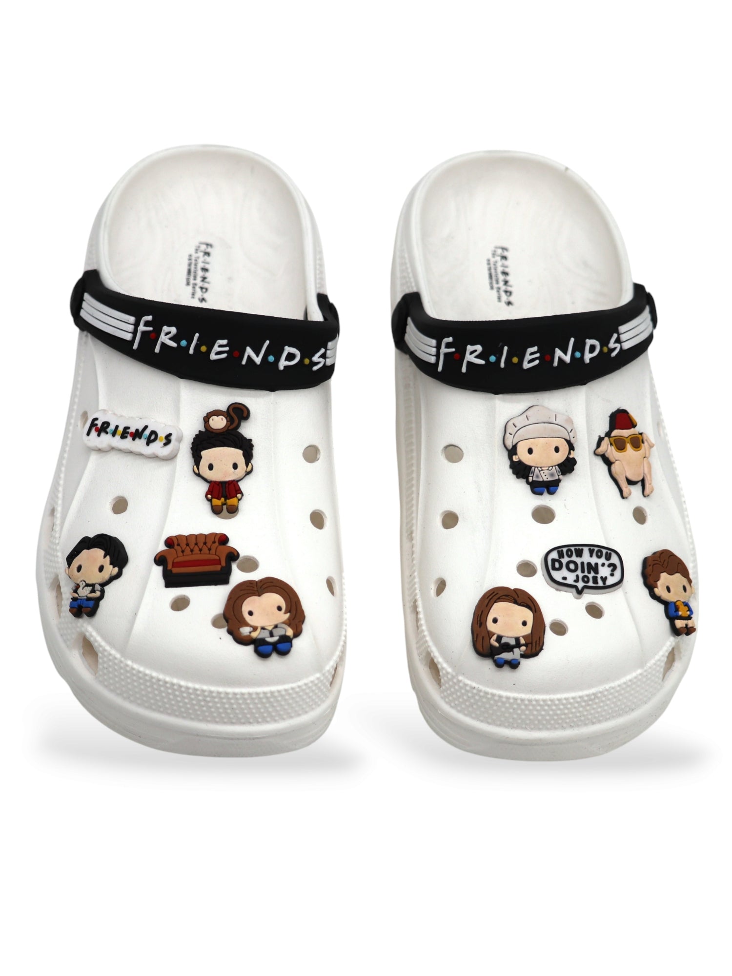 SVAAR x Friends Men's Stylish Clogs with Authentic Friends Charms and Adjustable Back Strap White