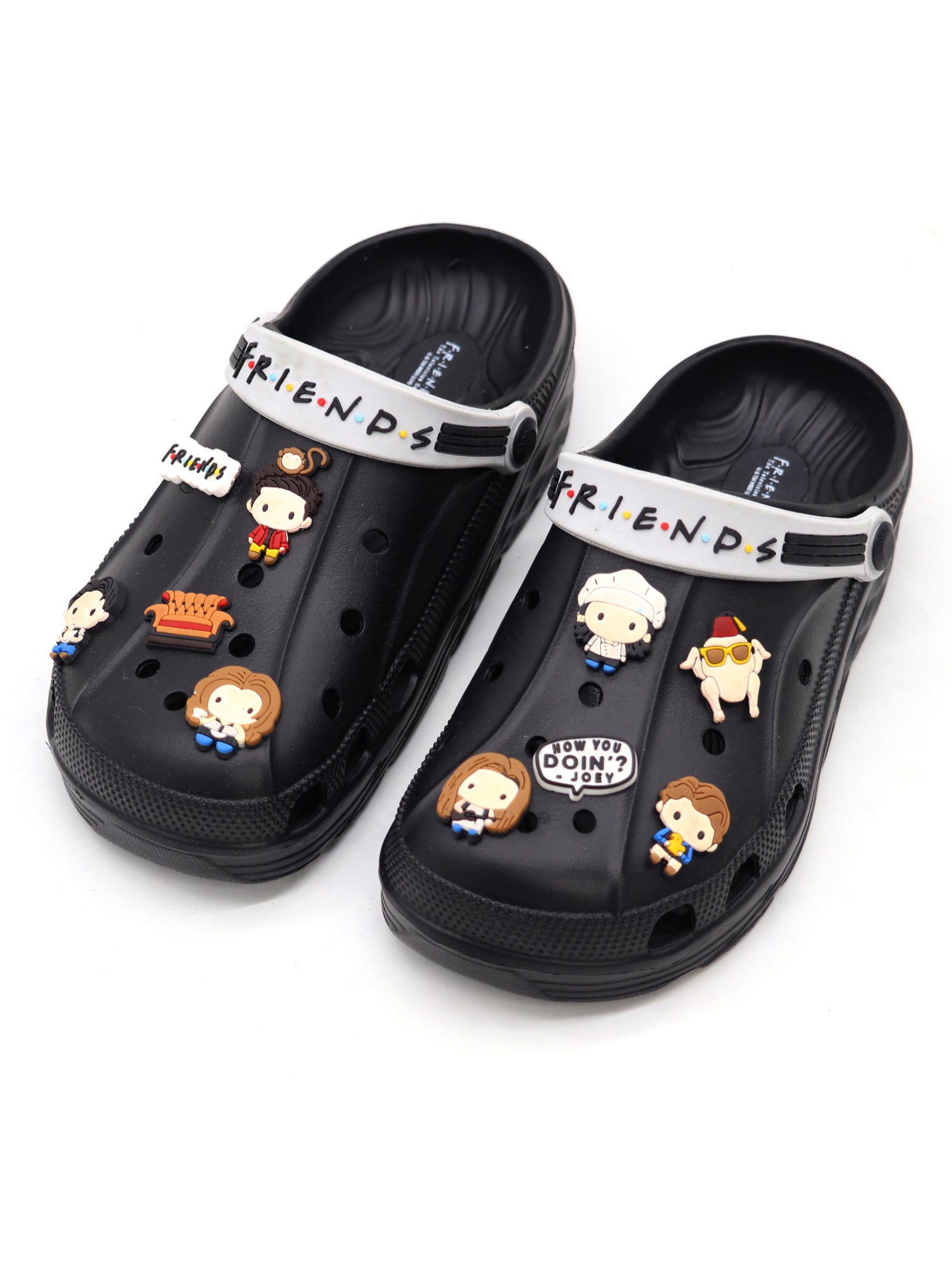 SVAAR x Friends Men's Stylish Clogs with Authentic Friends Charms and Adjustable Back Strap Black
