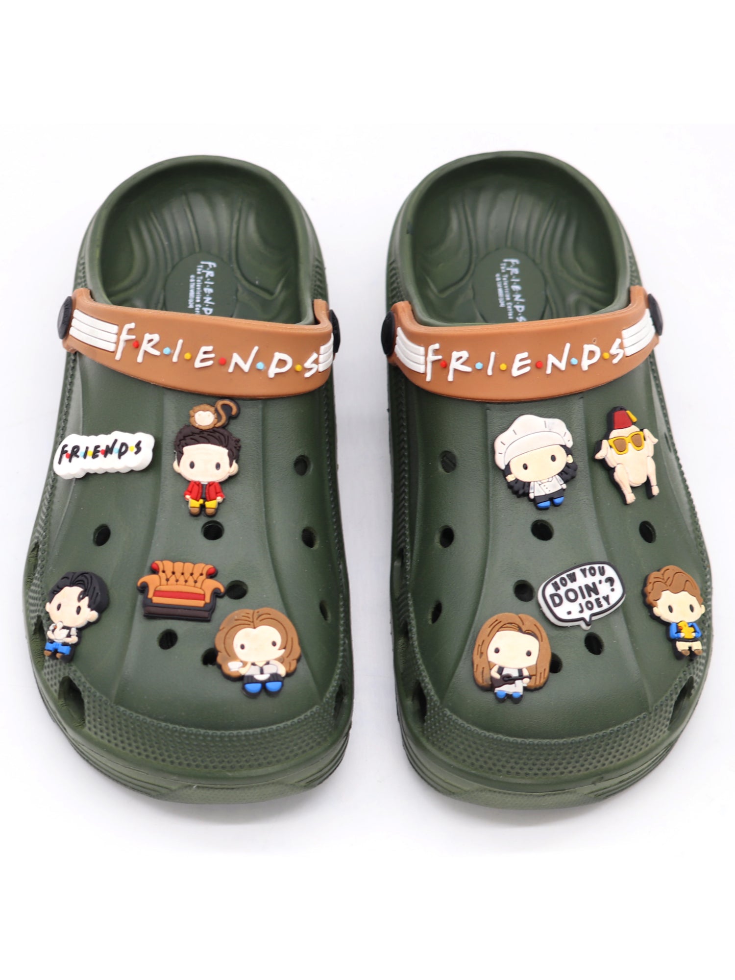 SVAAR x Friends Men's Stylish Clogs with Authentic Friends Charms and Adjustable Back Strap - Olive Green