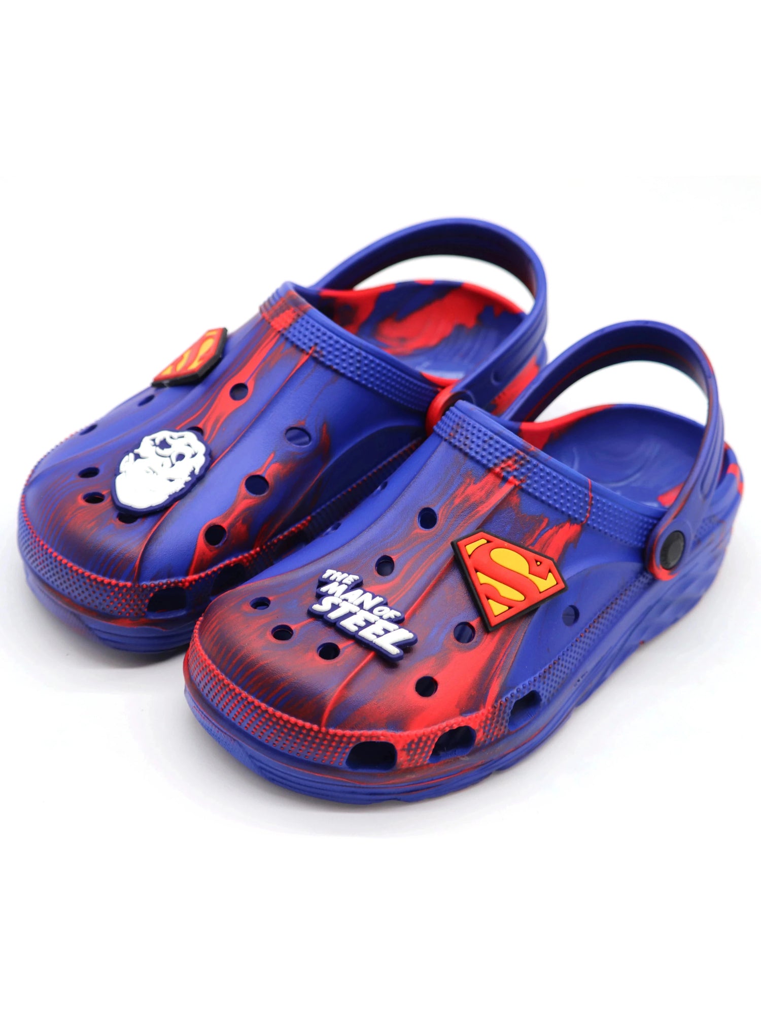 SVAAR x Superma Men's Marble-Effect Clogs – Includes Authentic Superman Charms & Adjustable Back Strap (Blue)