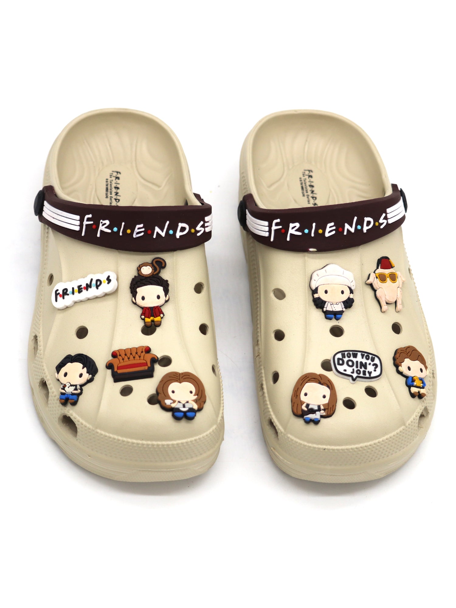 SVAAR x Friends Men's Stylish Clogs with Authentic Friends Charms and Adjustable Back Strap Beige