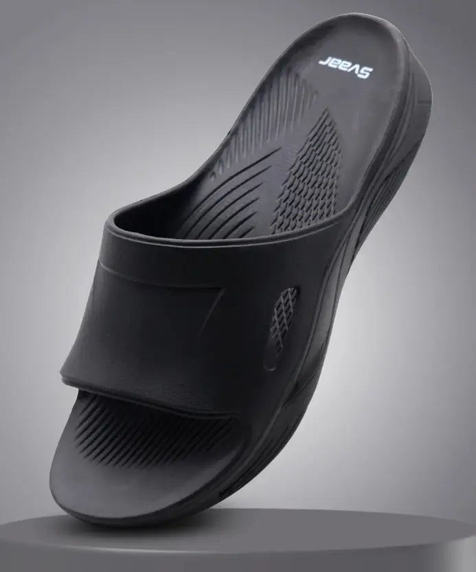SVAAR EveryWear Sliders for Men || Comfortable Indoor Outdoor Slider Slip-on Slippers for Men and Boys-Black