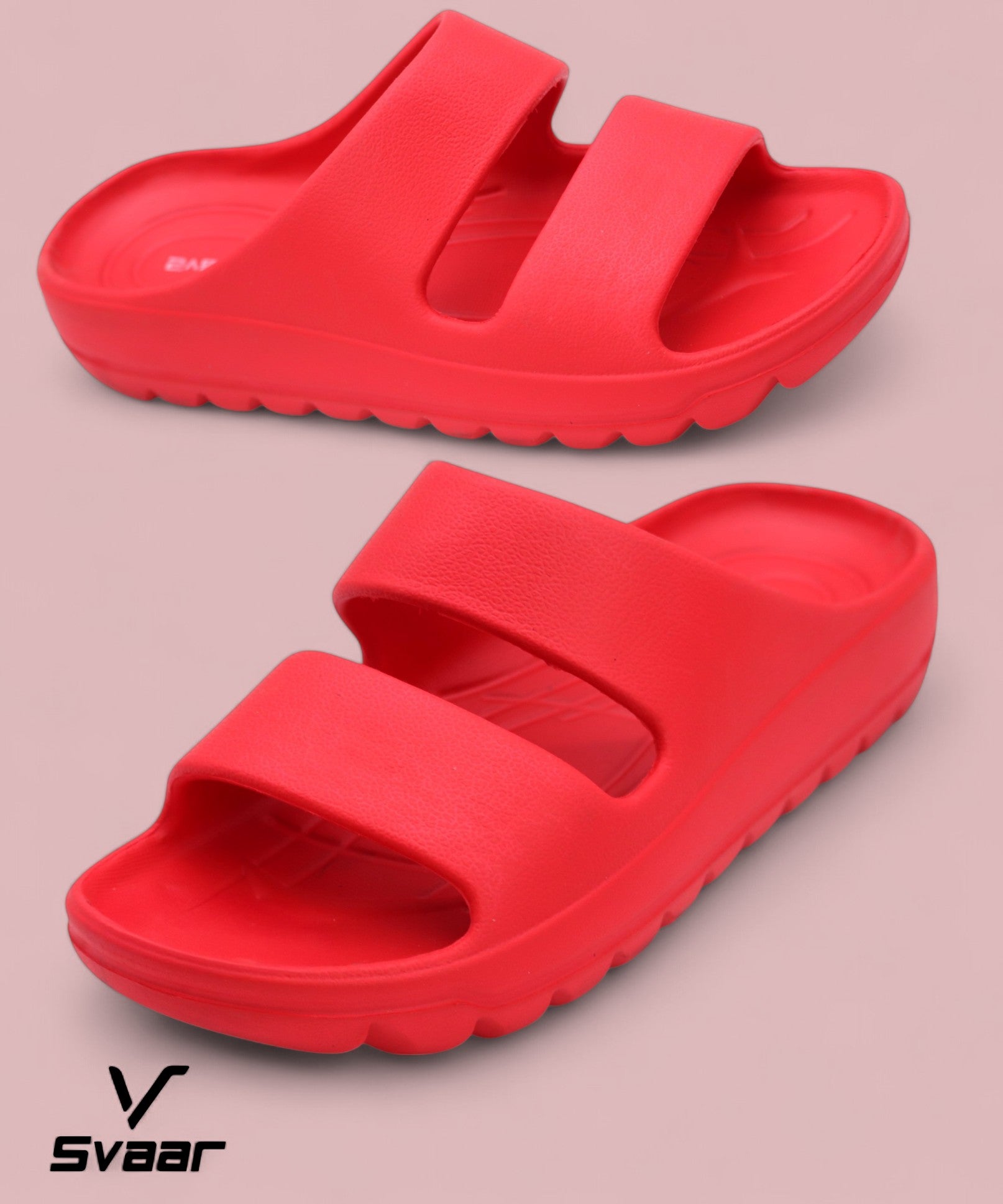 SVAAR Soft EVA Double Strap Slippers for Men | Stylish Anti-Skid Slides with Arch Support & Bouncy Sole | Lightweight Indoor Outdoor Comfort-Red