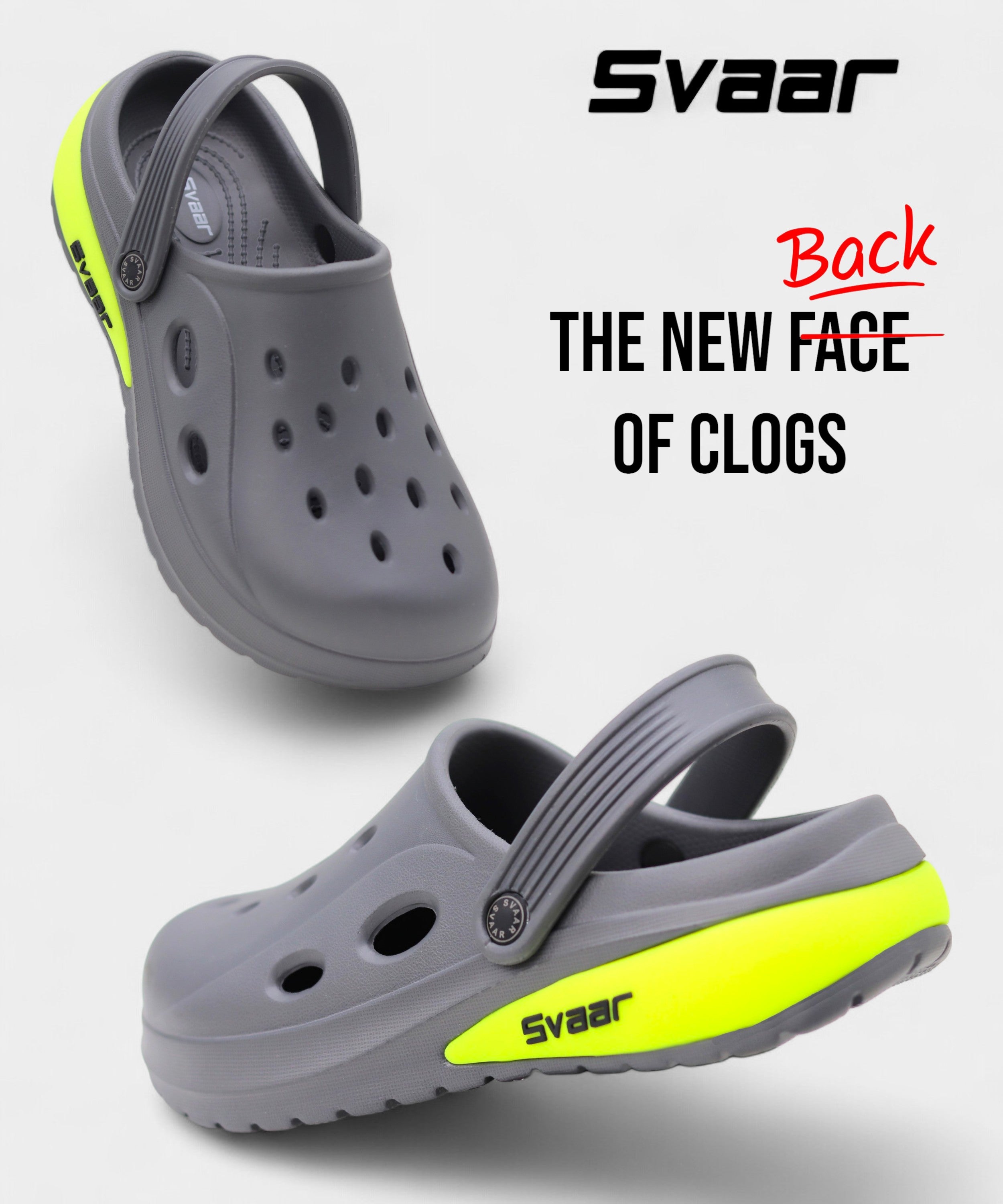 SVAAR Drift Men’s Sports Clogs – Lightweight, Waterproof & Anti-Skid - Grey