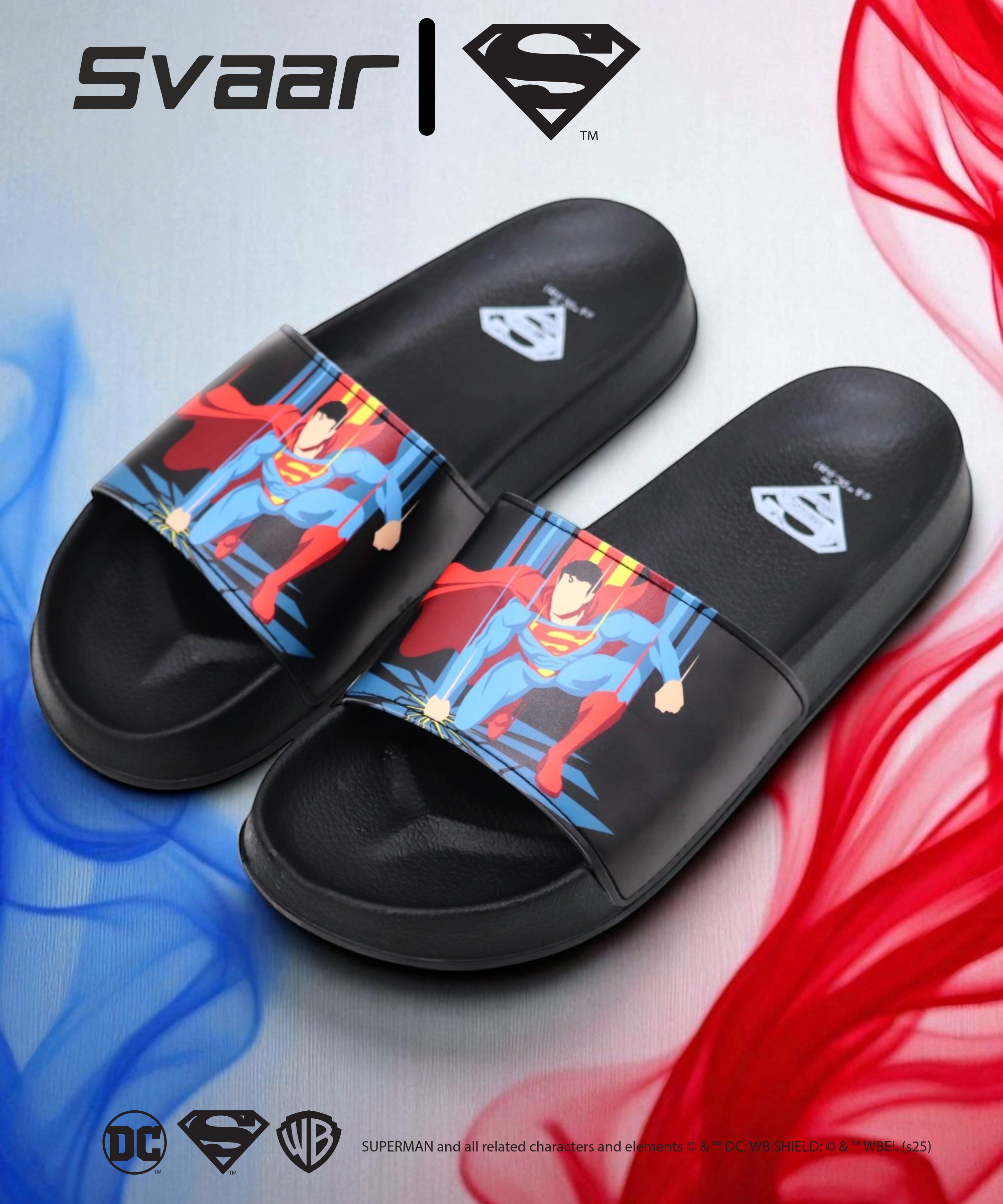 SVAAR x Superman Slides for Men & Boys | Cushioned, Anti-Slip, Lightweight-Black