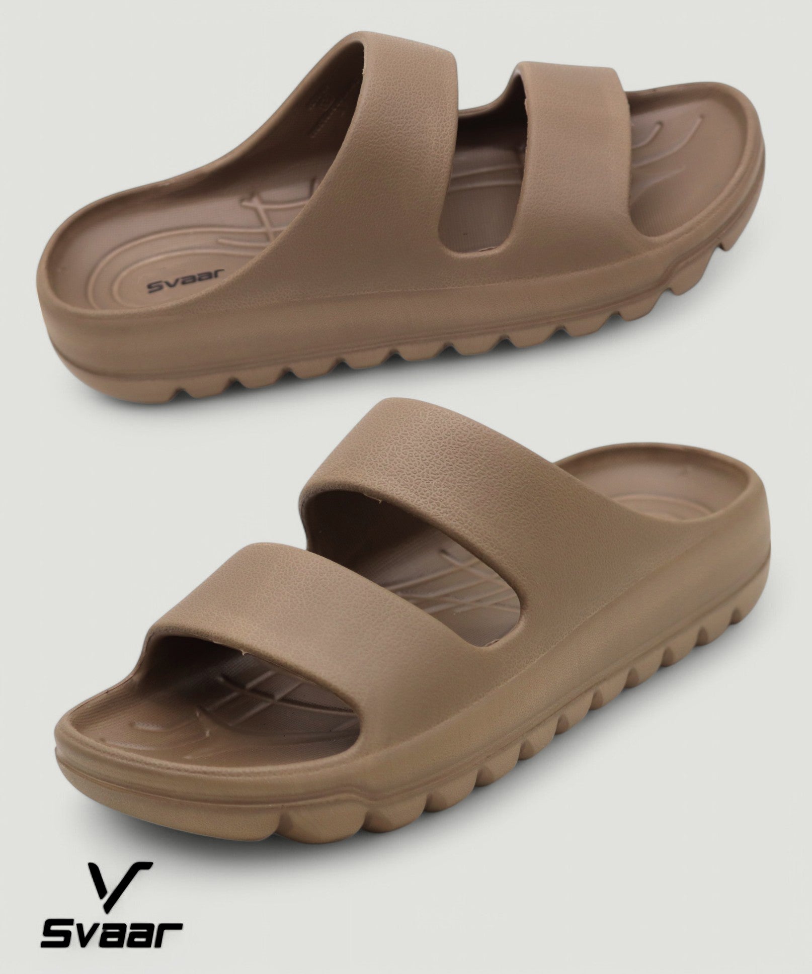 SVAAR Soft EVA Double Strap Slippers for Men | Stylish Anti-Skid Slides with Arch Support & Bouncy Sole | Lightweight Indoor Outdoor Comfort-Brown