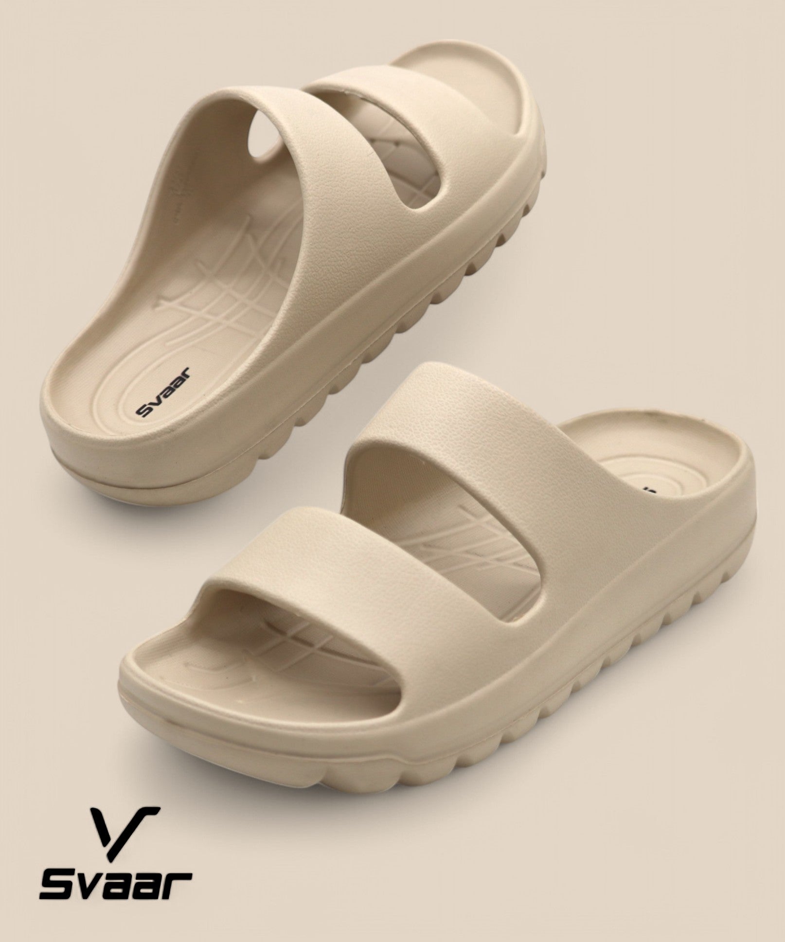 SVAAR Soft EVA Double Strap Slippers for Men | Stylish Anti-Skid Slides with Arch Support & Bouncy Sole | Lightweight Indoor Outdoor Comfort-Beige