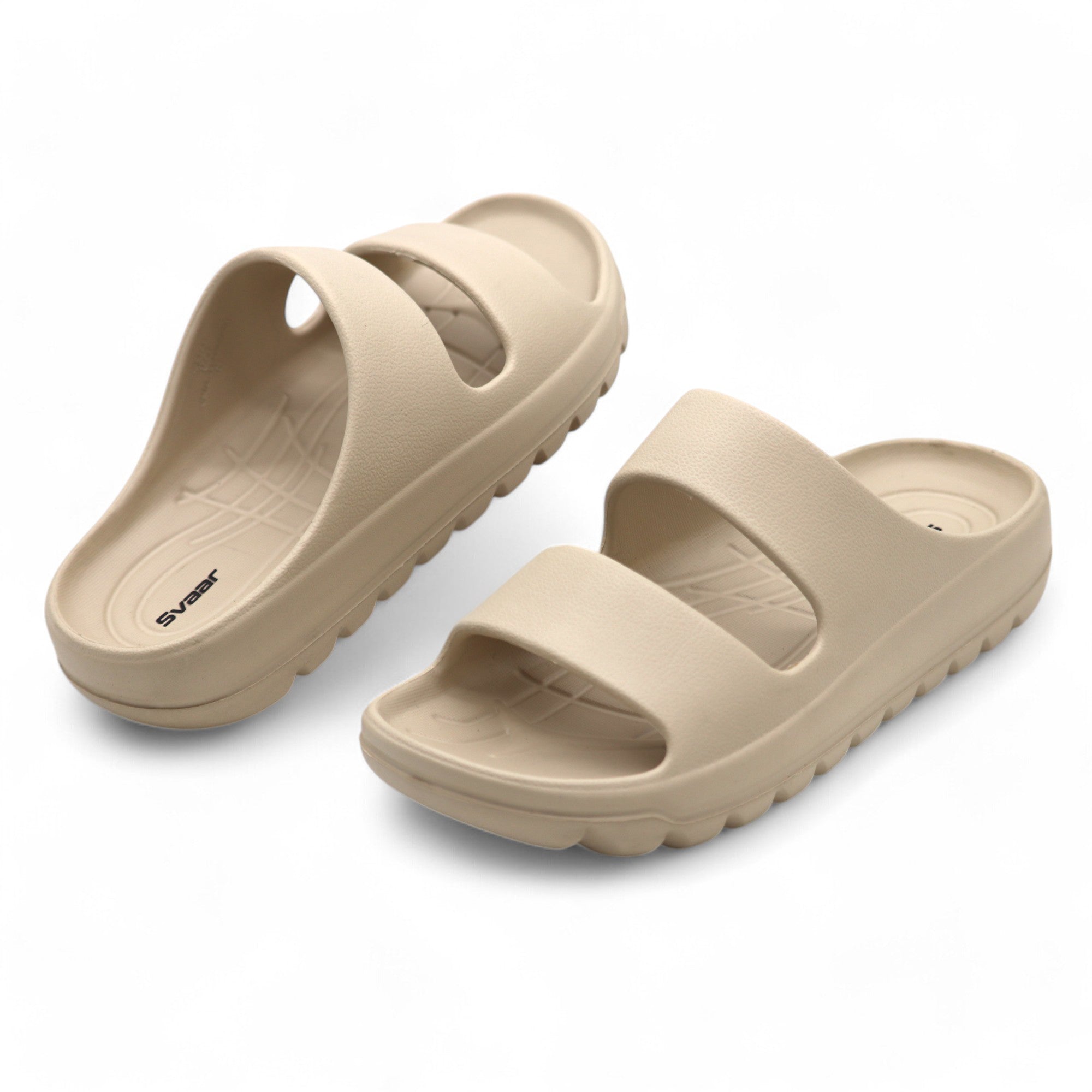 SVAAR Soft EVA Double Strap Slippers for Men | Stylish Anti-Skid Slides with Arch Support & Bouncy Sole | Lightweight Indoor Outdoor Comfort-Beige