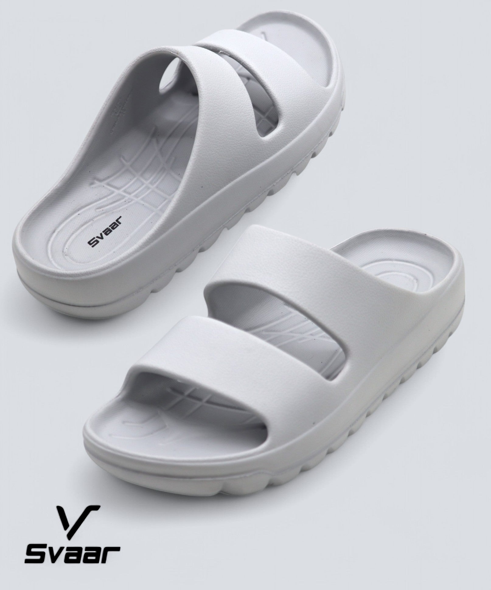 SVAAR Soft EVA Double Strap Slippers for Men | Stylish Anti-Skid Slides with Arch Support & Bouncy Sole | Lightweight Indoor Outdoor Comfort-Grey