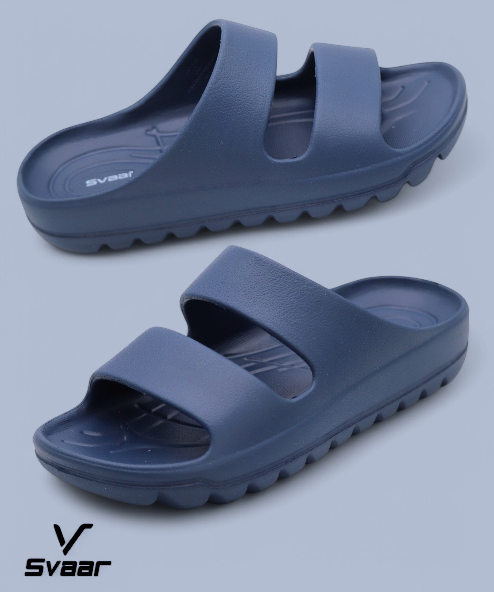 SVAAR Soft EVA Double Strap Slippers for Men | Stylish Anti-Skid Slides with Arch Support & Bouncy Sole | Lightweight Indoor Outdoor Comfort-Navy