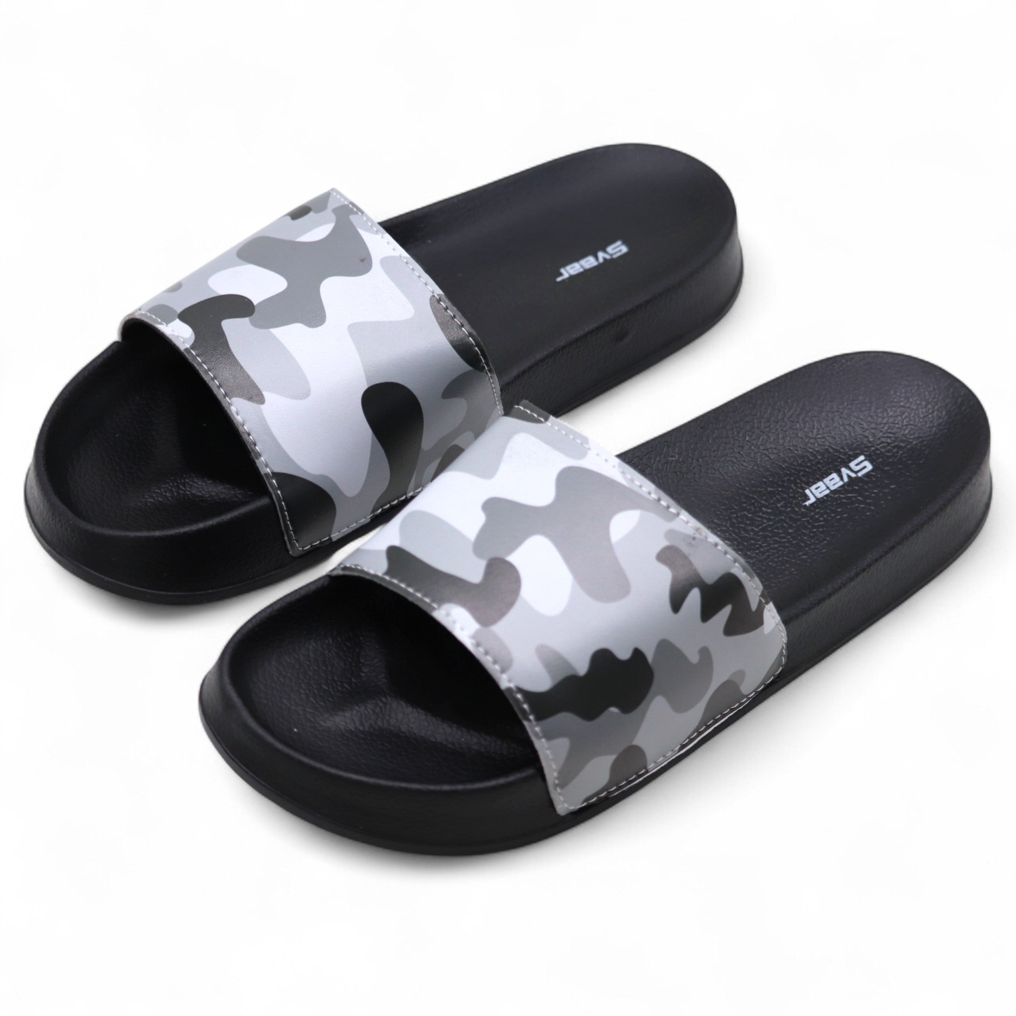 SVAAR Men's Camouflage Printed Slides | Soft Cushioned Slip-On Slippers for Casual, Indoor & Outdoor Use-Black