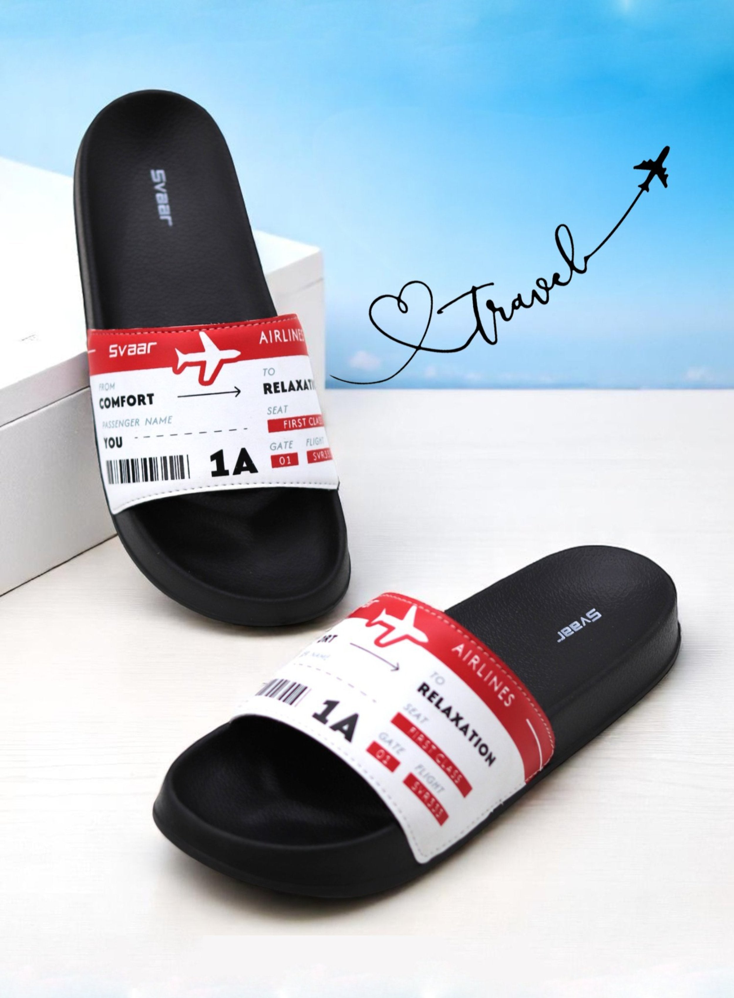 SVAAR Men's Boarding Pass Theme Ultra Soft Slides/Slippers with Cushioned Footbed | Comfortable & Lightweight | Stylish & Anti-Skid | Waterproof & Everyday Flip Flops for Gents/Boys -Red