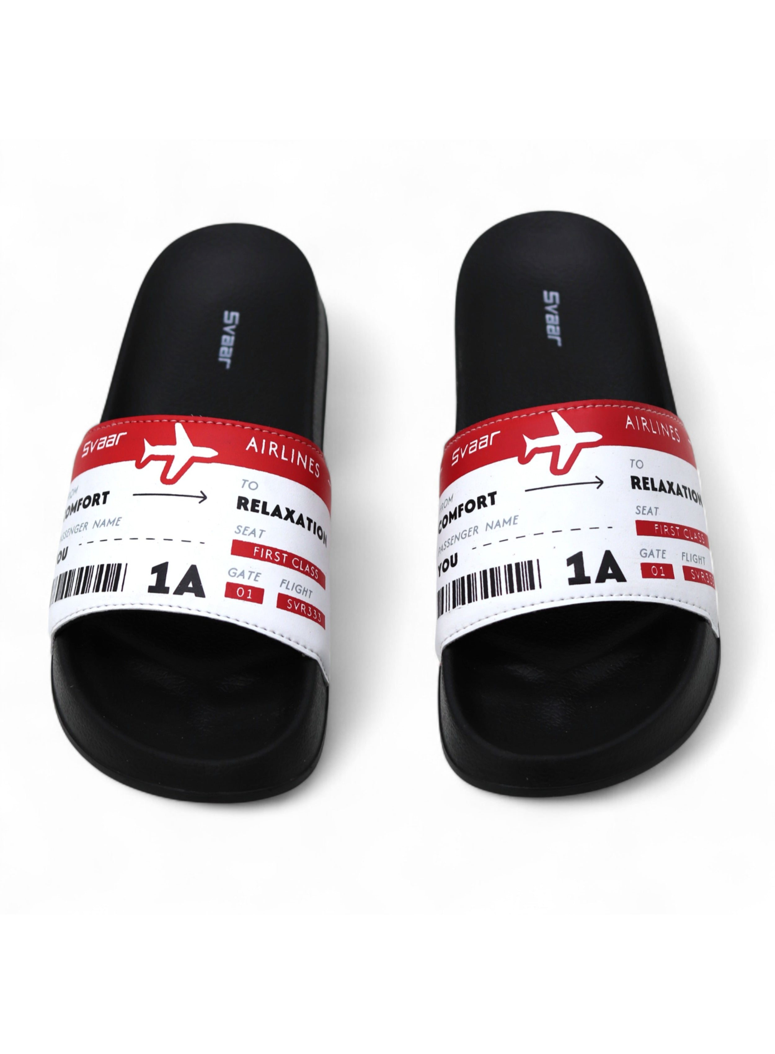 SVAAR Men's Boarding Pass Theme Ultra Soft Slides/Slippers with Cushioned Footbed | Comfortable & Lightweight | Stylish & Anti-Skid | Waterproof & Everyday Flip Flops for Gents/Boys -Red