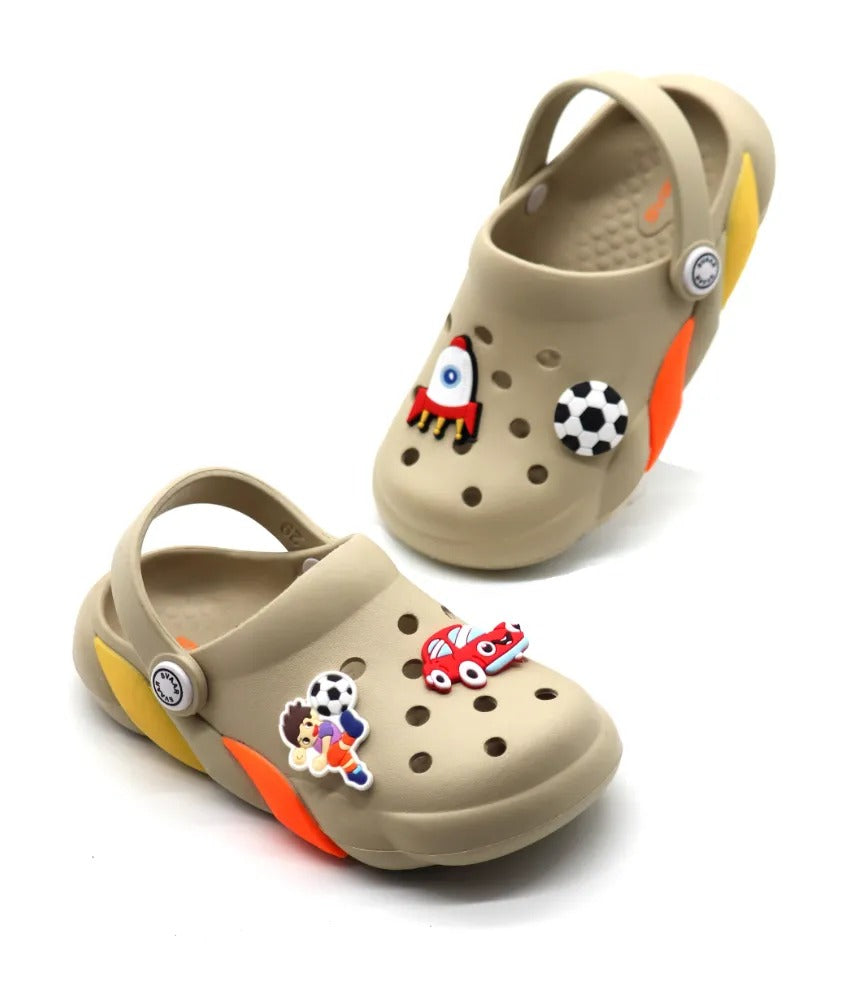 SVAAR Slingback Clog Shoes for Boys & Girls || Indoor & Outdoor Sandals Clogs for Kids with 4 Cartoon Charm-Beige