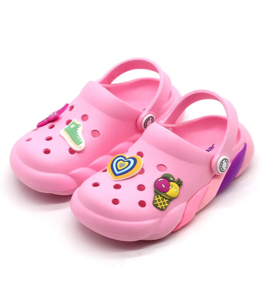 SVAAR Slingback Clog Shoes for Boys & Girls || Indoor & Outdoor Sandals Clogs for Kids with 4 Cartoon Charm-Pink