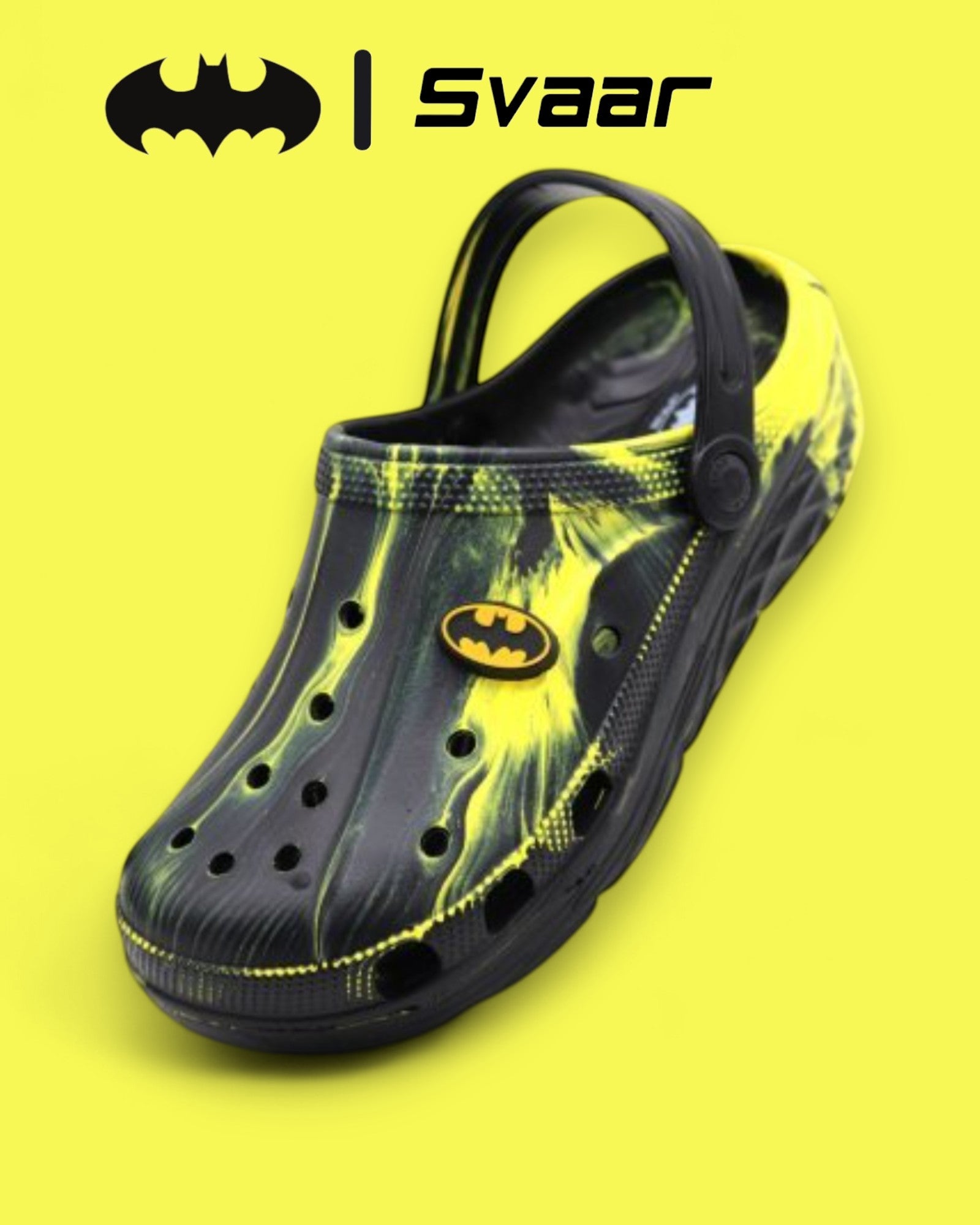SVAAR Batman Men’s Marble Clogs with Batman Charms and Back Strap-Black