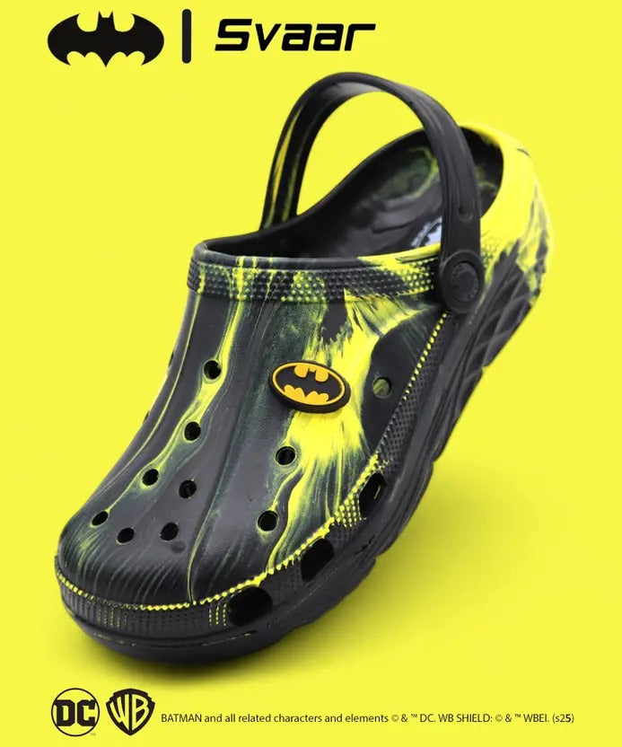 SVAAR x Batman Men's Marble Effect Clogs with Authentic Batman Charms and Adjustable Back Strap - Black